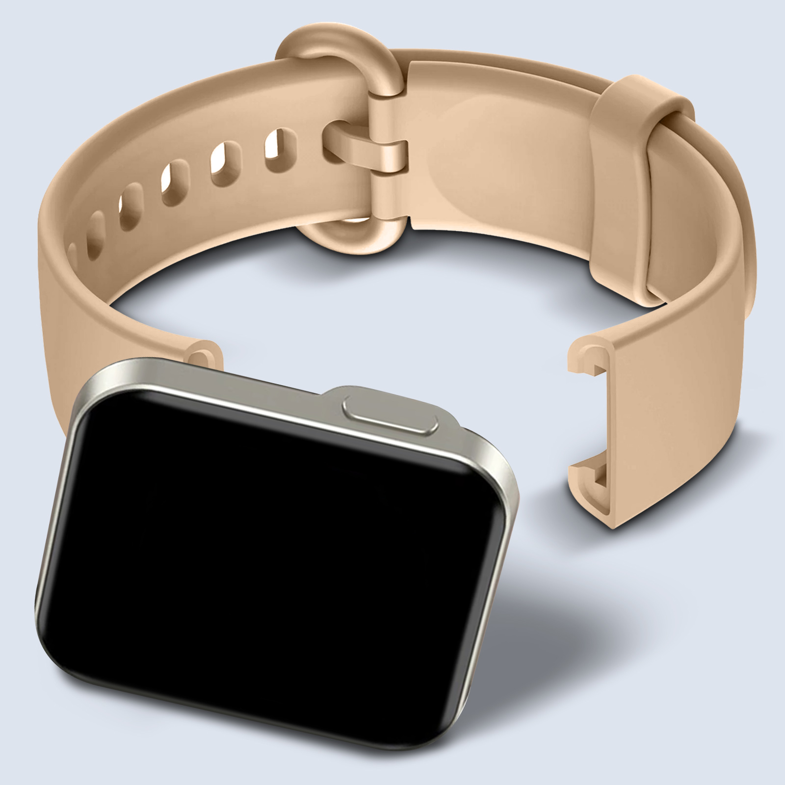 Un reloj con correa marrón claro y pantalla negra.