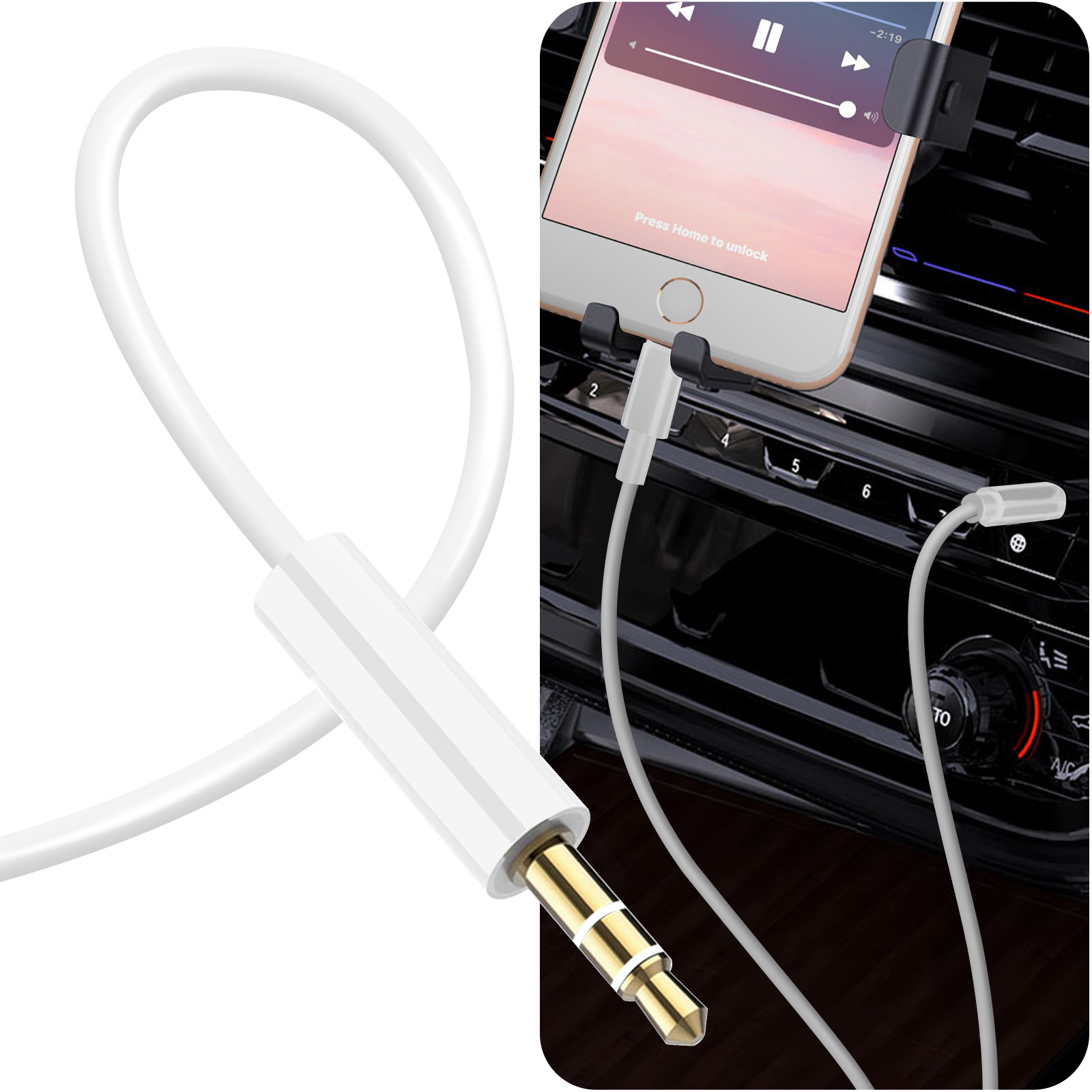 Weißes Audiokabel mit goldenem Ende und ein Telefon im Auto.