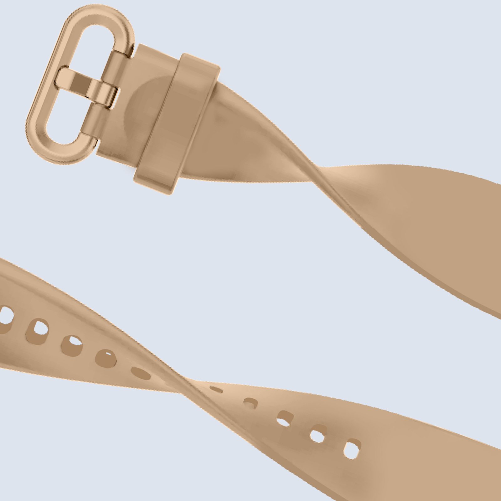 Correa de reloj beige con hebilla. Banda retorcida sobre fondo azul claro.