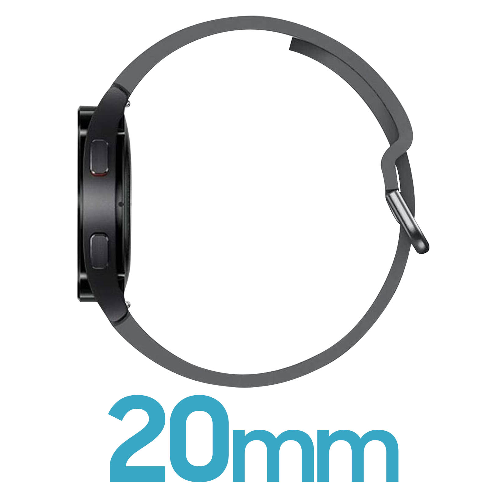 Un reloj inteligente negro con correa gris oscuro, y el texto '20 mm' en azul.