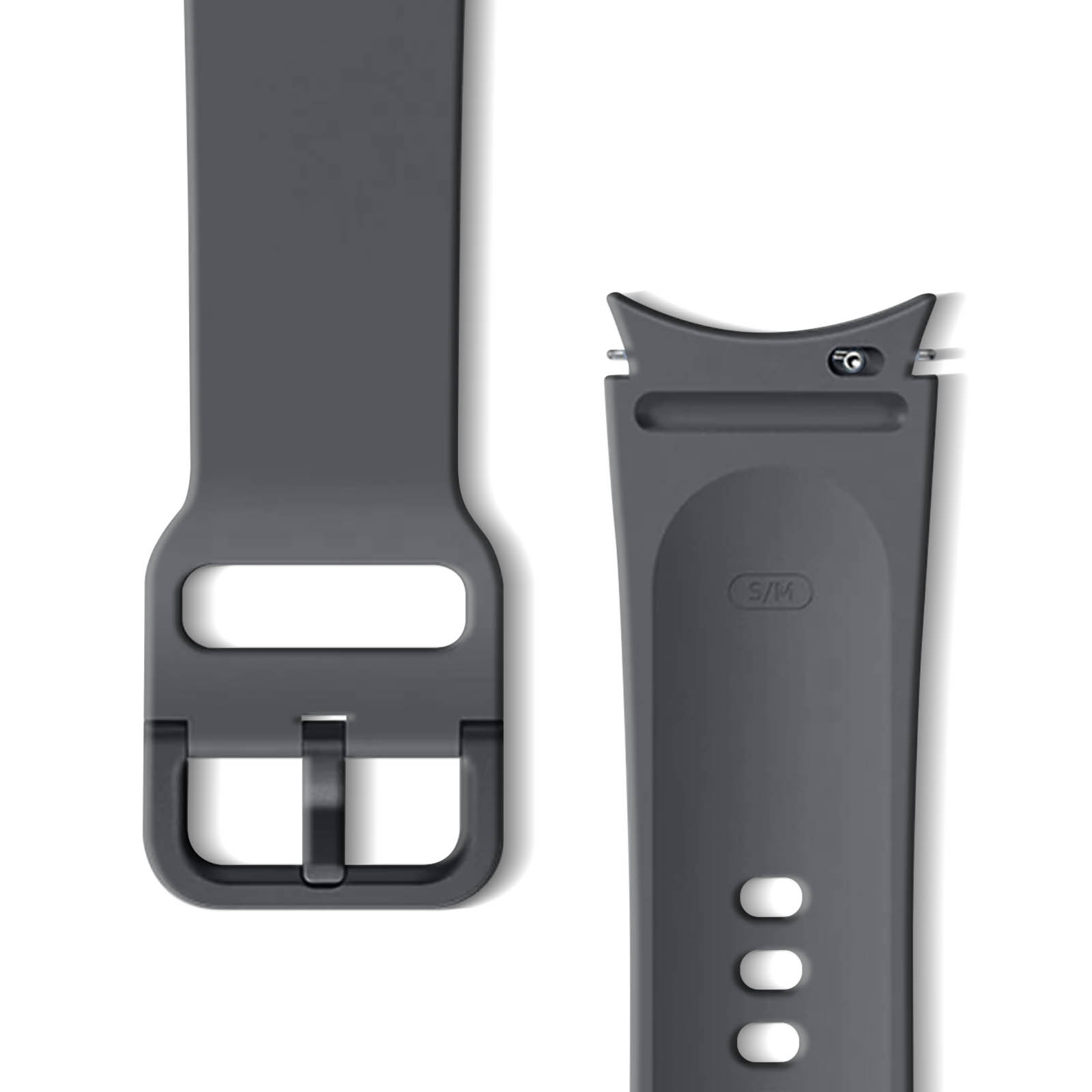 Correa de reloj gris con hebilla. La otra parte tiene agujeros para fijación. Fondo blanco.
