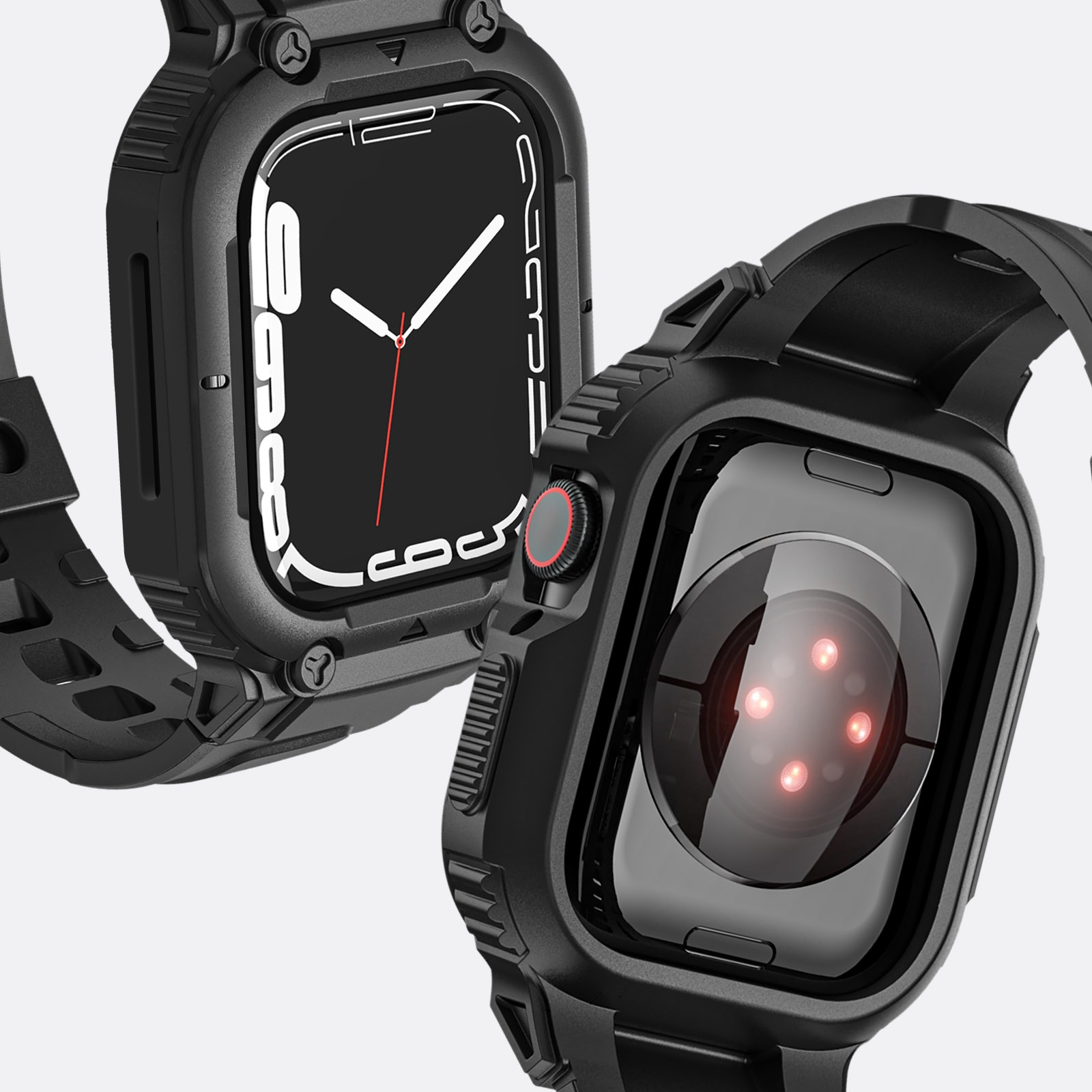 Un reloj inteligente negro en una funda protectora negra. Reloj sobre fondo blanco.