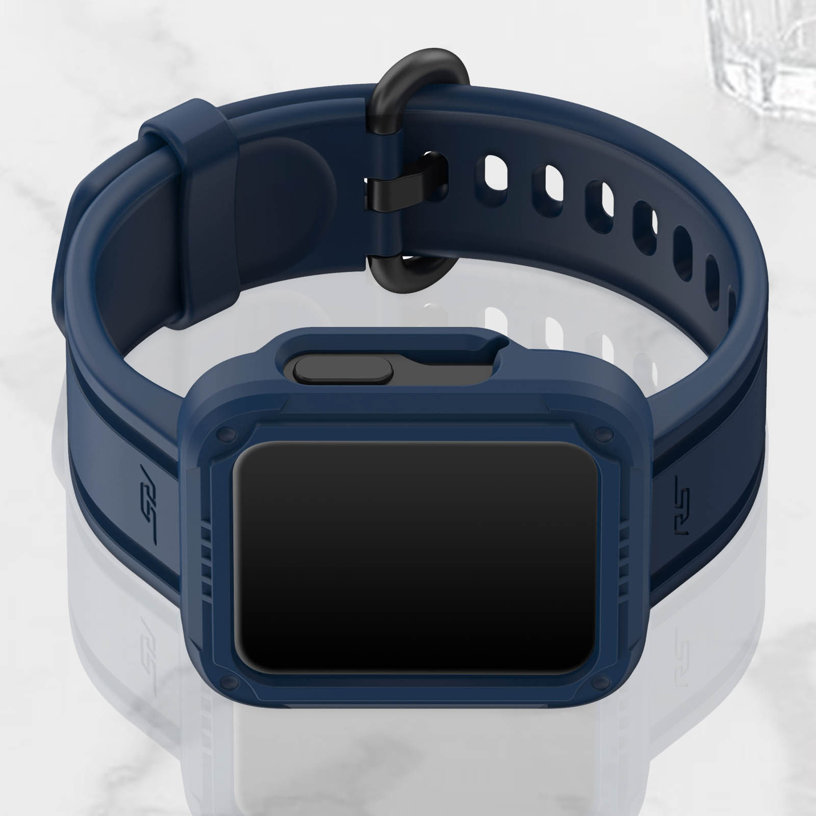 Smartwatch azul con funda y correa. Pantalla negra. Fondo blanco.