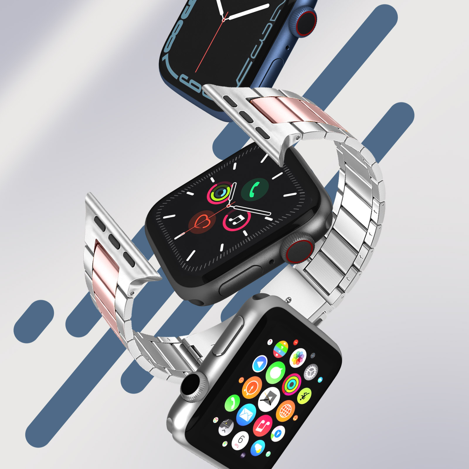 Tres smartwatches con diferentes correas flotando sobre fondo azul y blanco.