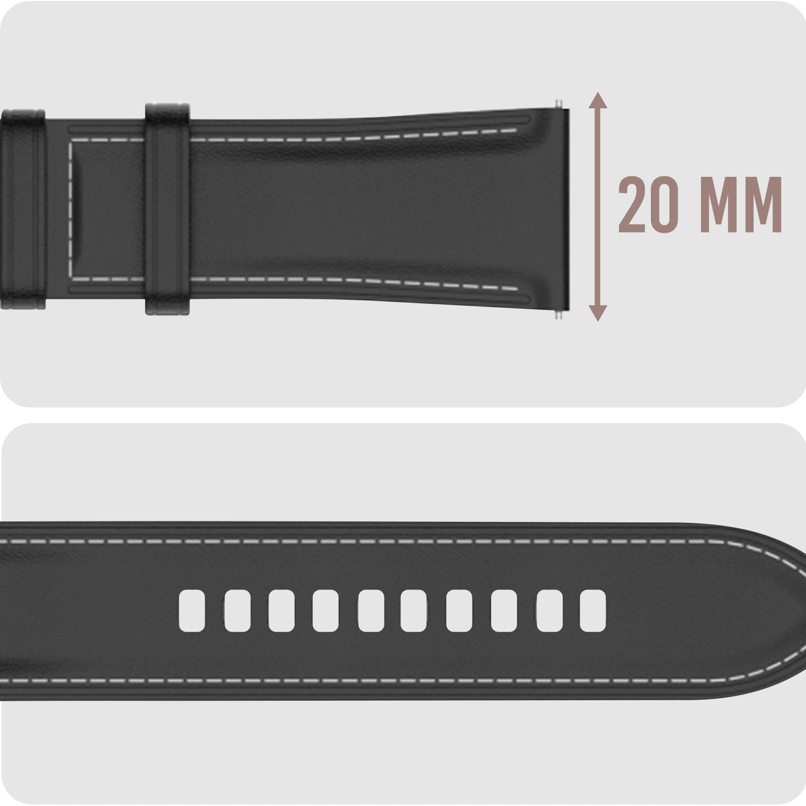 Correa de reloj negra, mostrando detalles de costura e indicación de 20 mm de ancho.