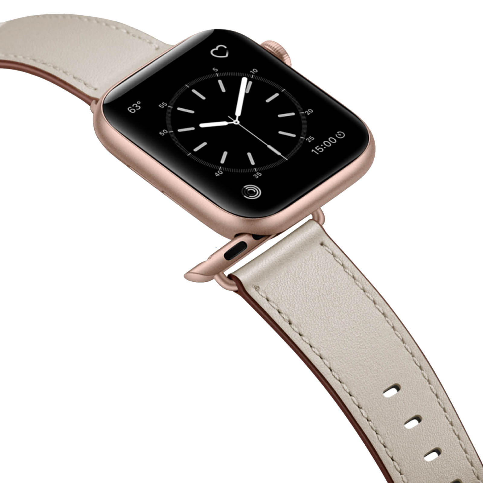 Primo piano di uno smartwatch color oro rosa con cinturino in pelle color crema. L'orologio mostra ora, data e un'icona a cuore.