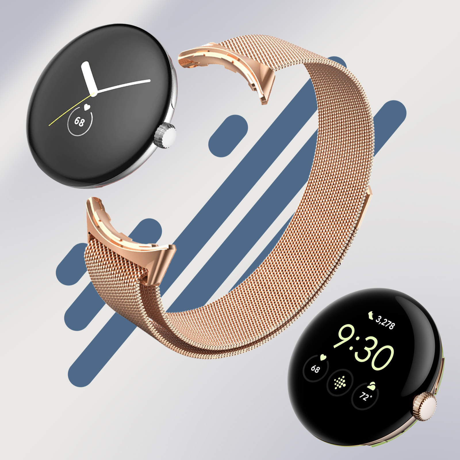 Uno smartwatch nero e oro con cinturino dorato e cinturino a rete dorata.