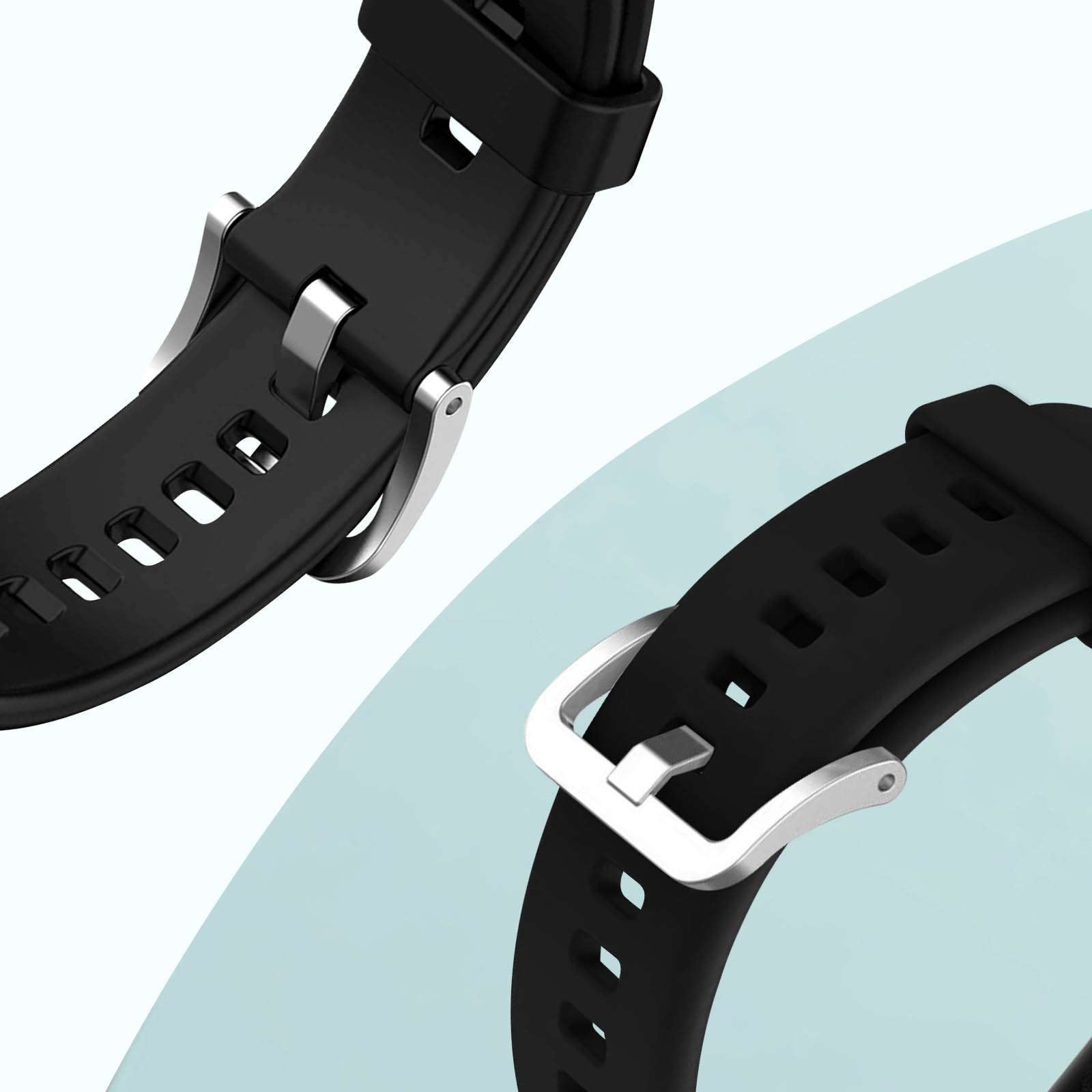 Correas de reloj negras con hebillas plateadas. Se muestran de cerca sobre fondo liso.