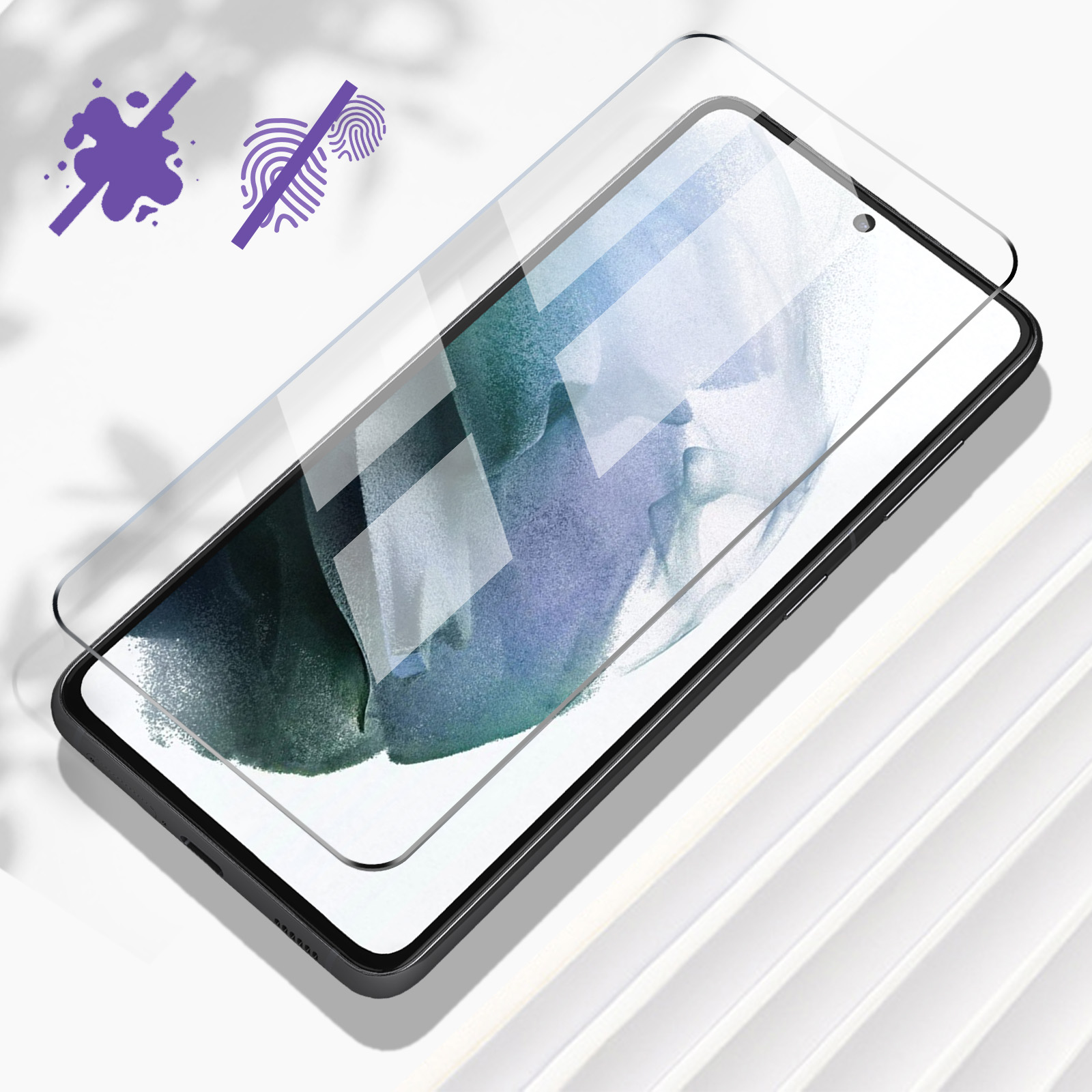 Téléphone avec protecteur d'écran appliqué. Le téléphone est noir, avec un protecteur en verre transparent dessus. Symboles indiquent protection.
