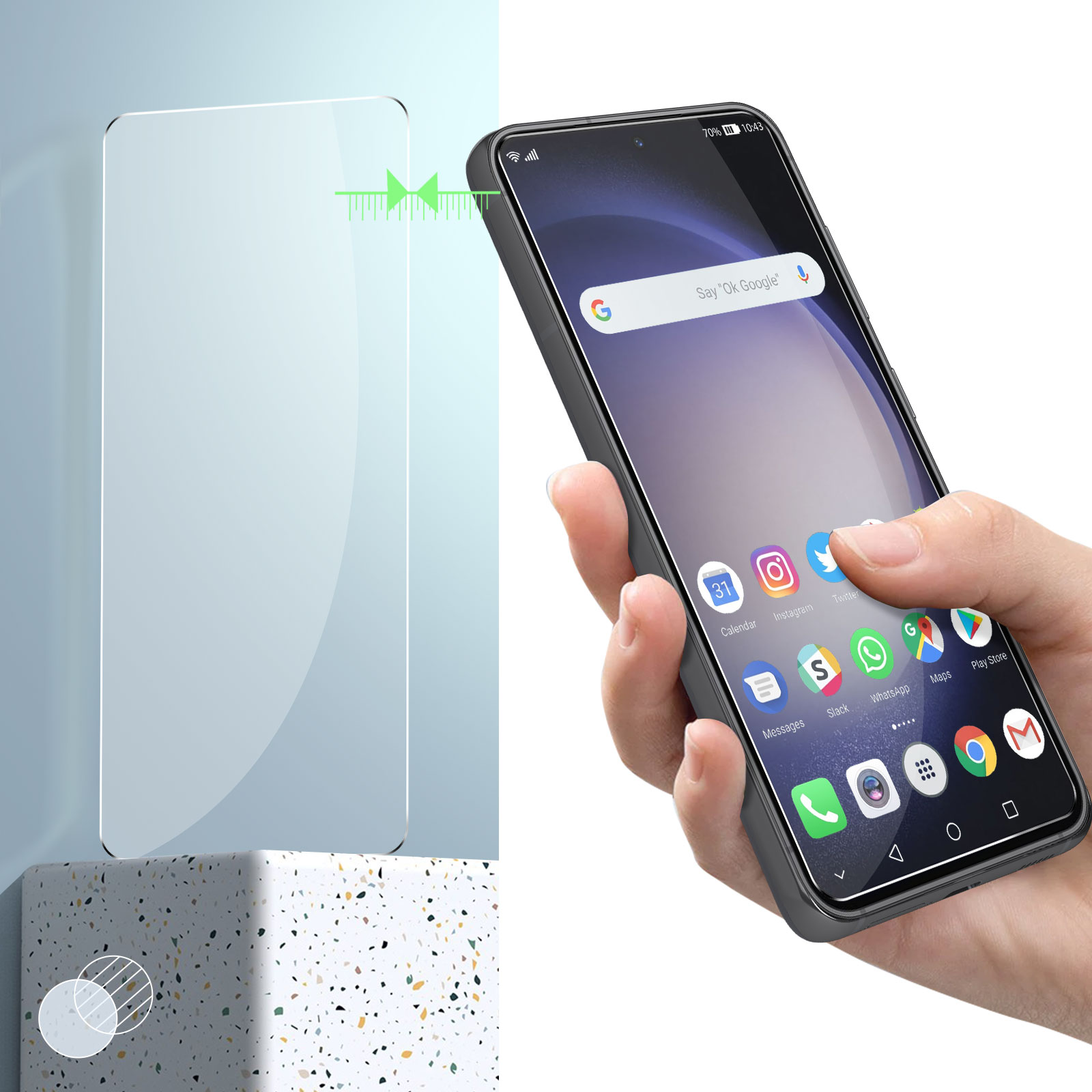 Téléphone avec protecteur d'écran en cours d'application. Applications et icônes sur l'écran.