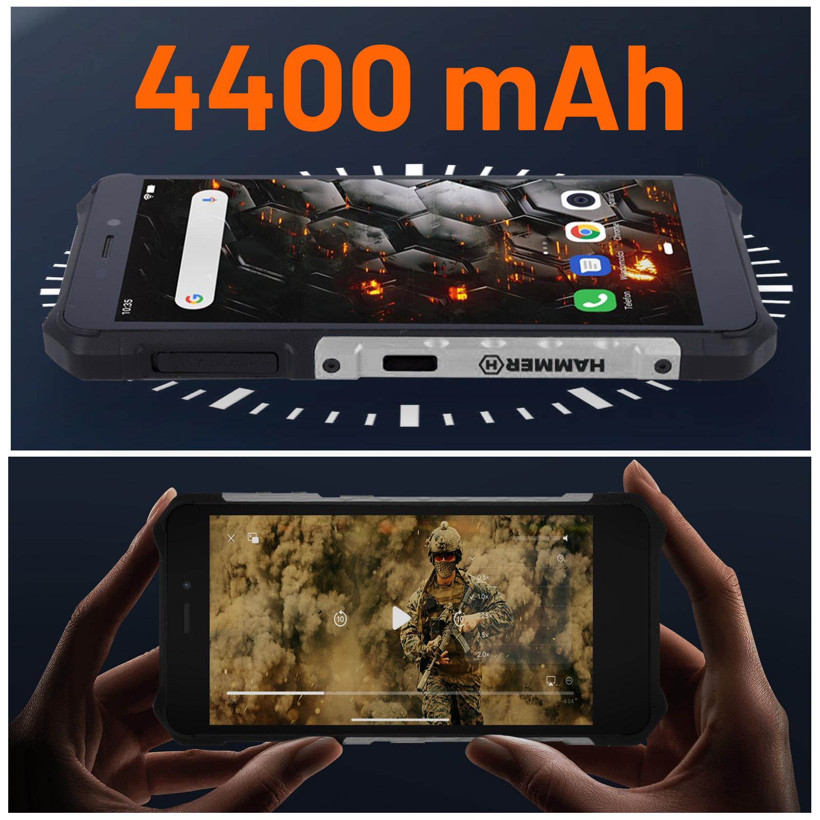 Robustes Telefon zeigt 4400 mAh an. Eine Person hält das Telefon und spielt ein Video.