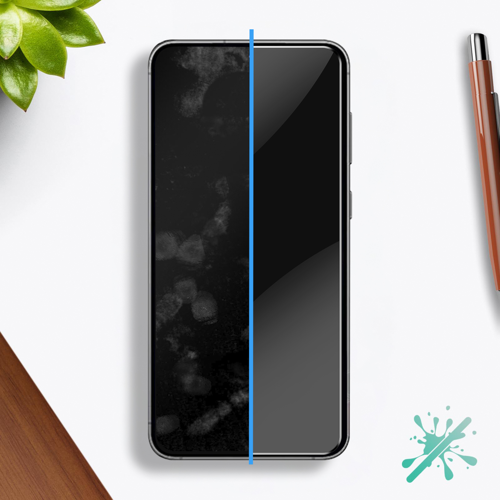 Écran de téléphone, moitié sale, moitié propre, avec ligne bleue. Stylo et plante.