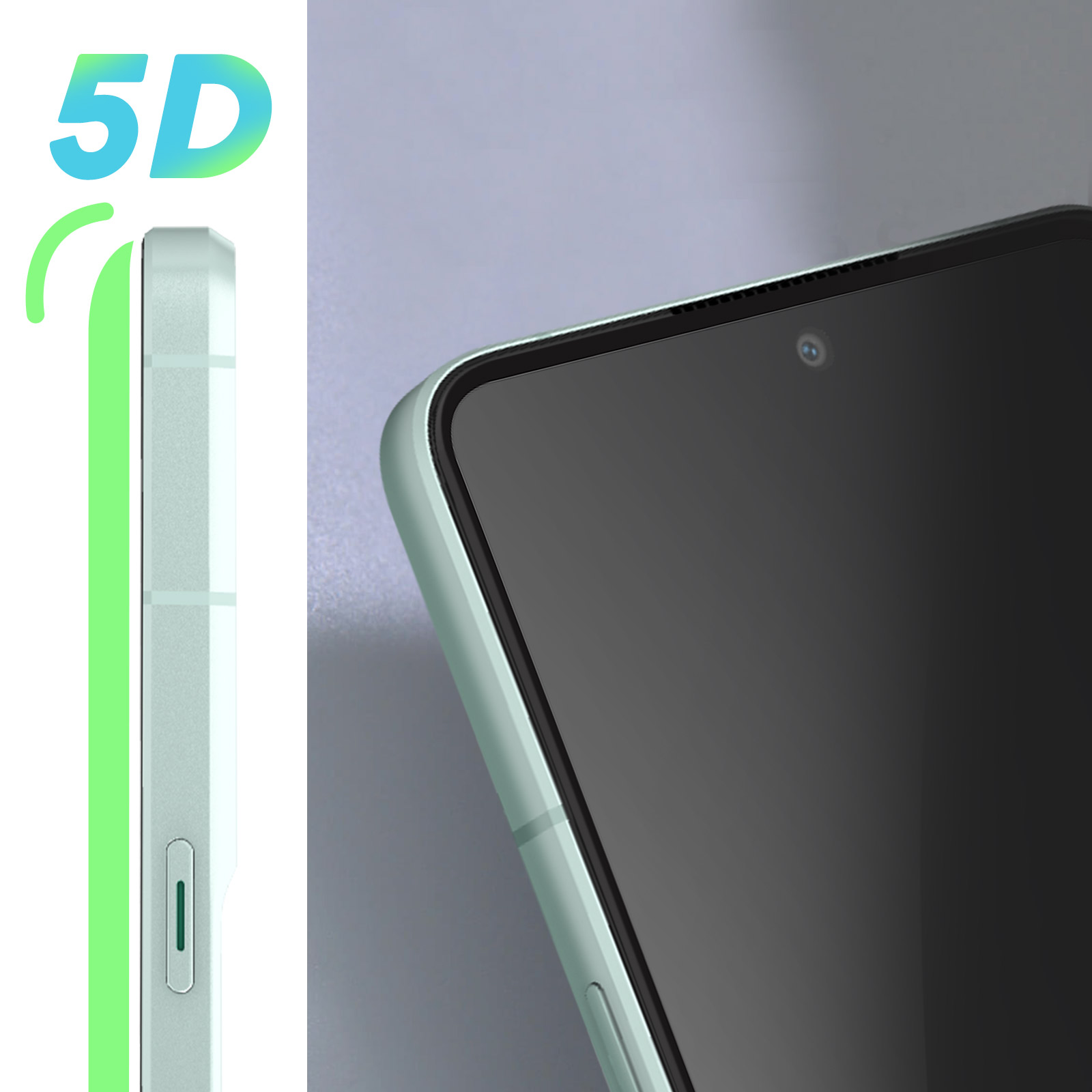 Une coque de téléphone vert menthe, avec un profil latéral montrant un bord vert. Le texte '5D' est visible.