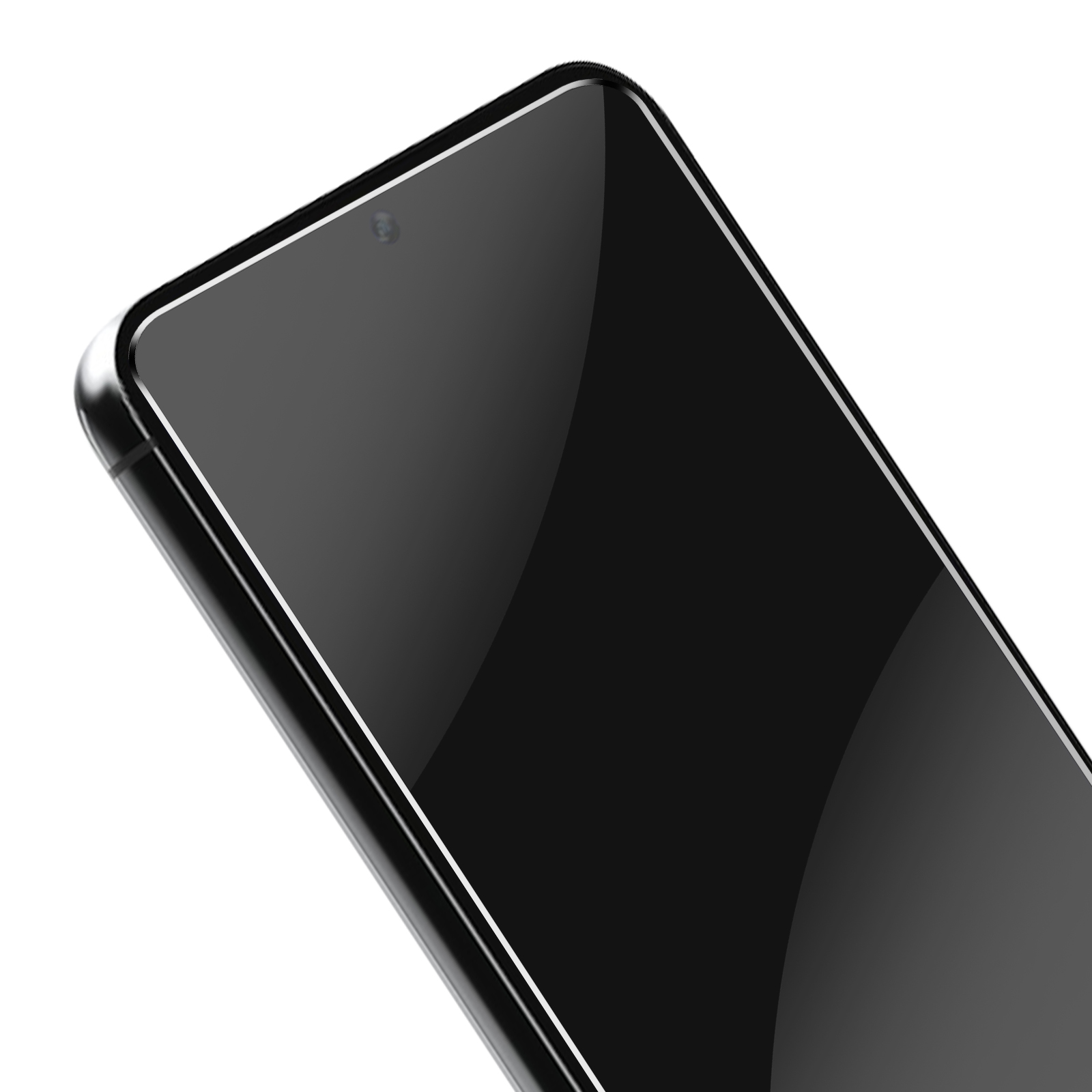 Gros plan d'un smartphone noir avec protecteur d'écran. L'écran est brillant et réfléchissant.