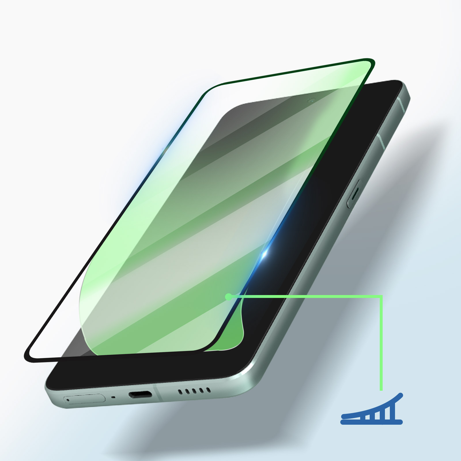 Een telefoon met een schermbeschermer. Een diagram toont een groene lijn en een vorm.