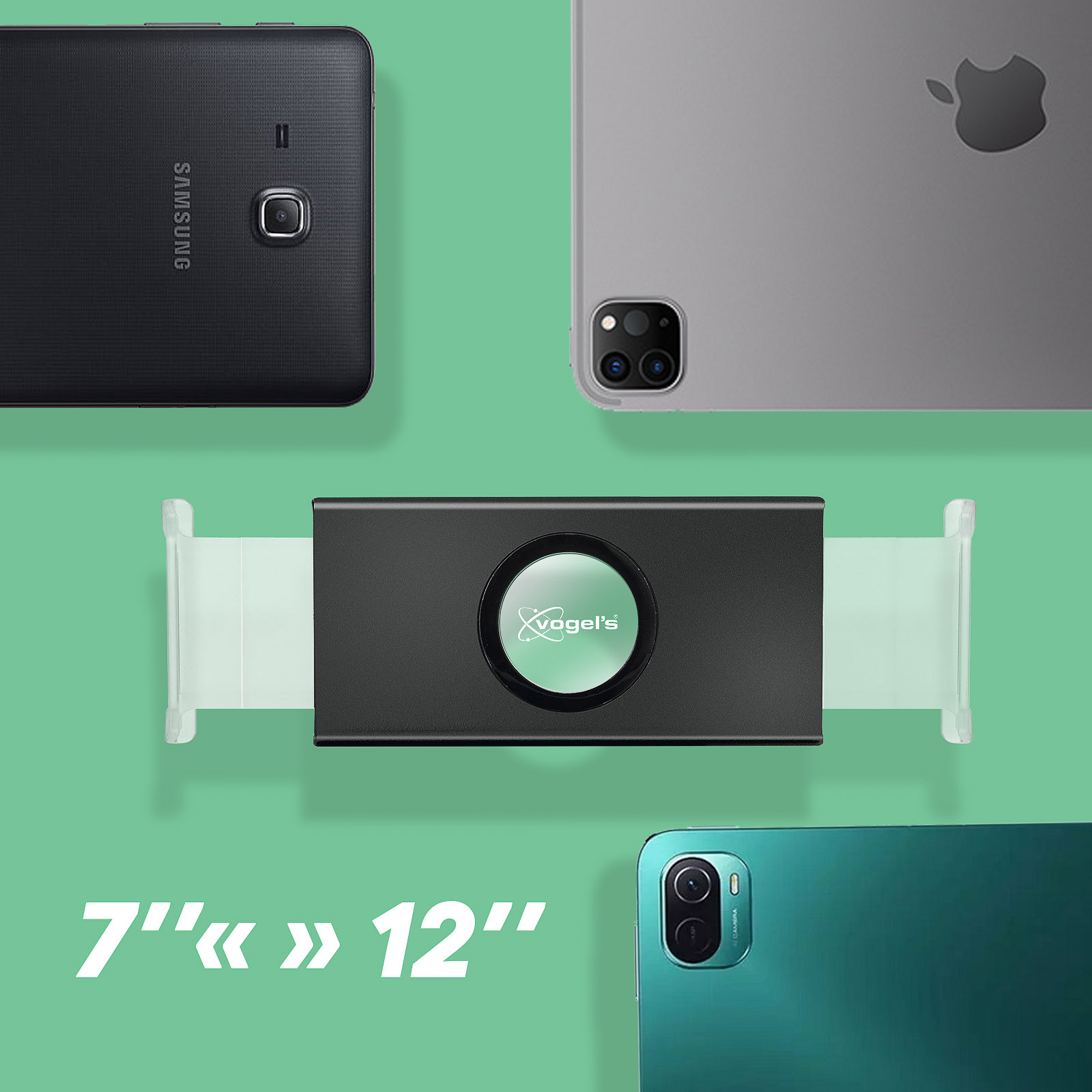 Pokazano różne tablety. Samsung, iPad i ładowarka do telefonu z tekstem "7" « 12".