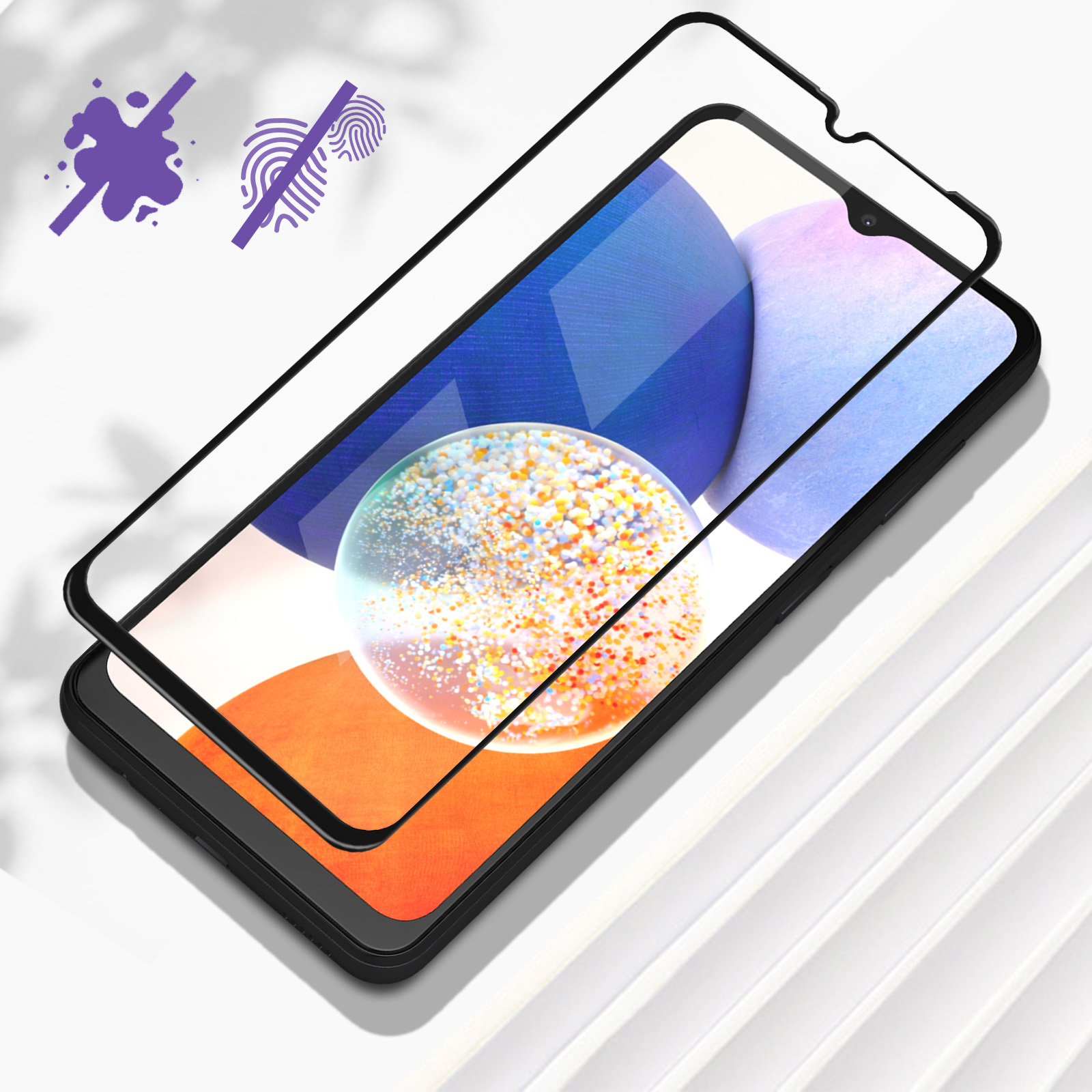 Protecteur d'écran placé sur un téléphone. Le téléphone est noir. Icônes anti-empreintes digitales.