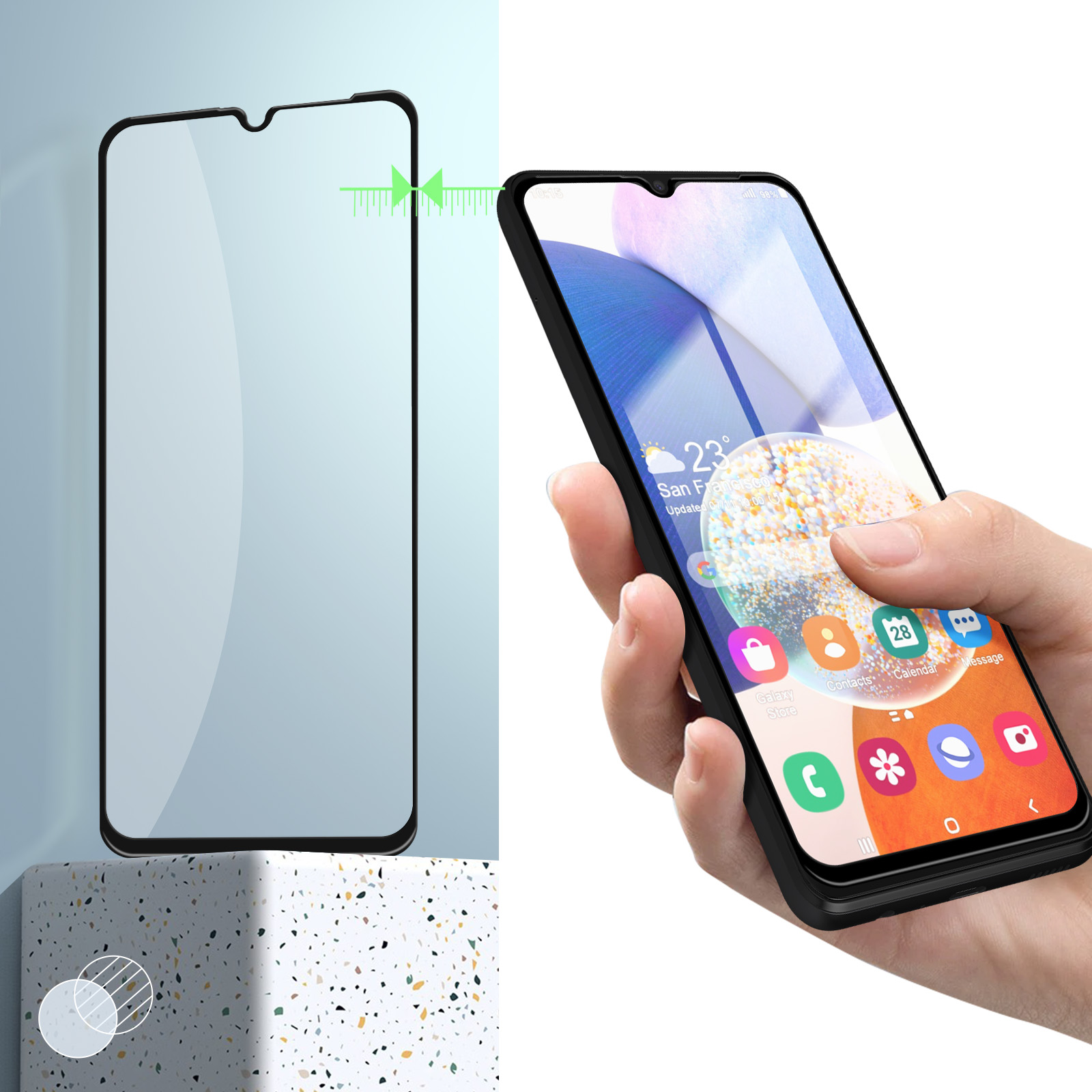 Protecteur d'écran à côté d'un téléphone tenu à la main, montrant des applications.