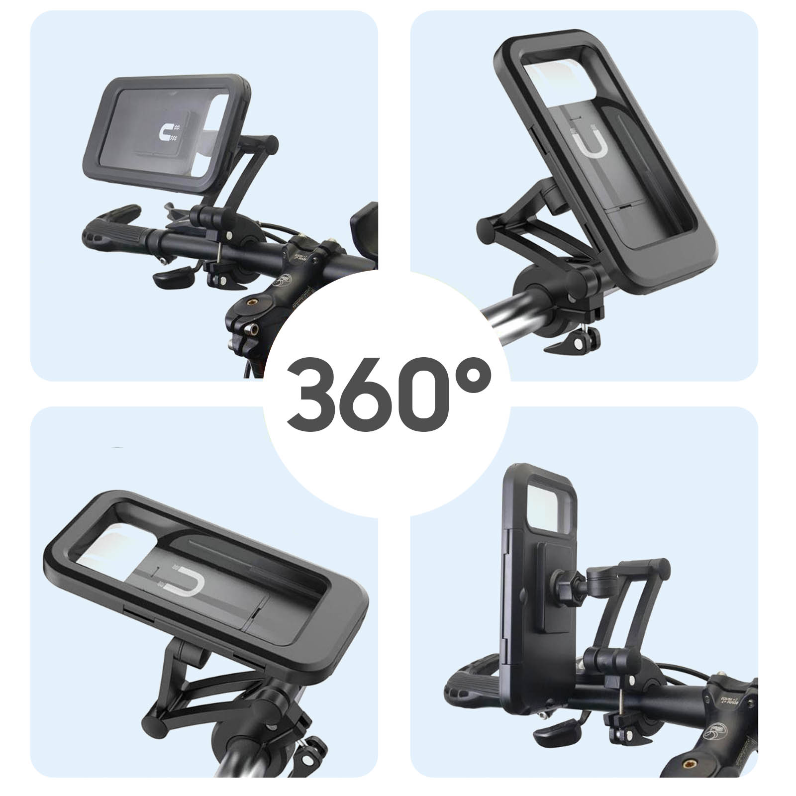 Cuatro vistas de un soporte para teléfono de bicicleta, con rotación de 360 grados. El soporte es negro. Manillar de bicicleta visible.