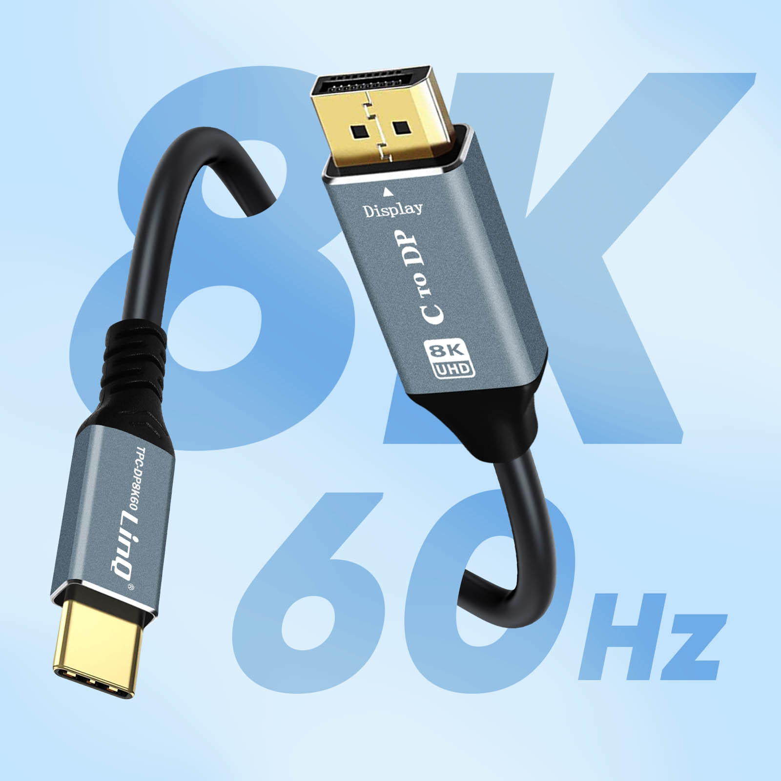 Cavo da C a DP. Connettori grigi, cavo nero, testo 8K UHD 60Hz.