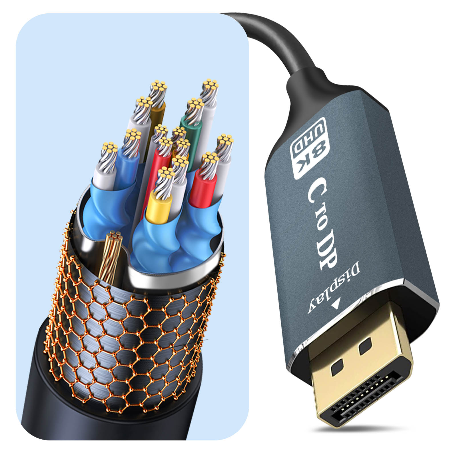 Ein HDMI-zu-DP-Kabel mit detaillierter Ansicht der internen Drähte. 8K UHD- und Display-Labels.