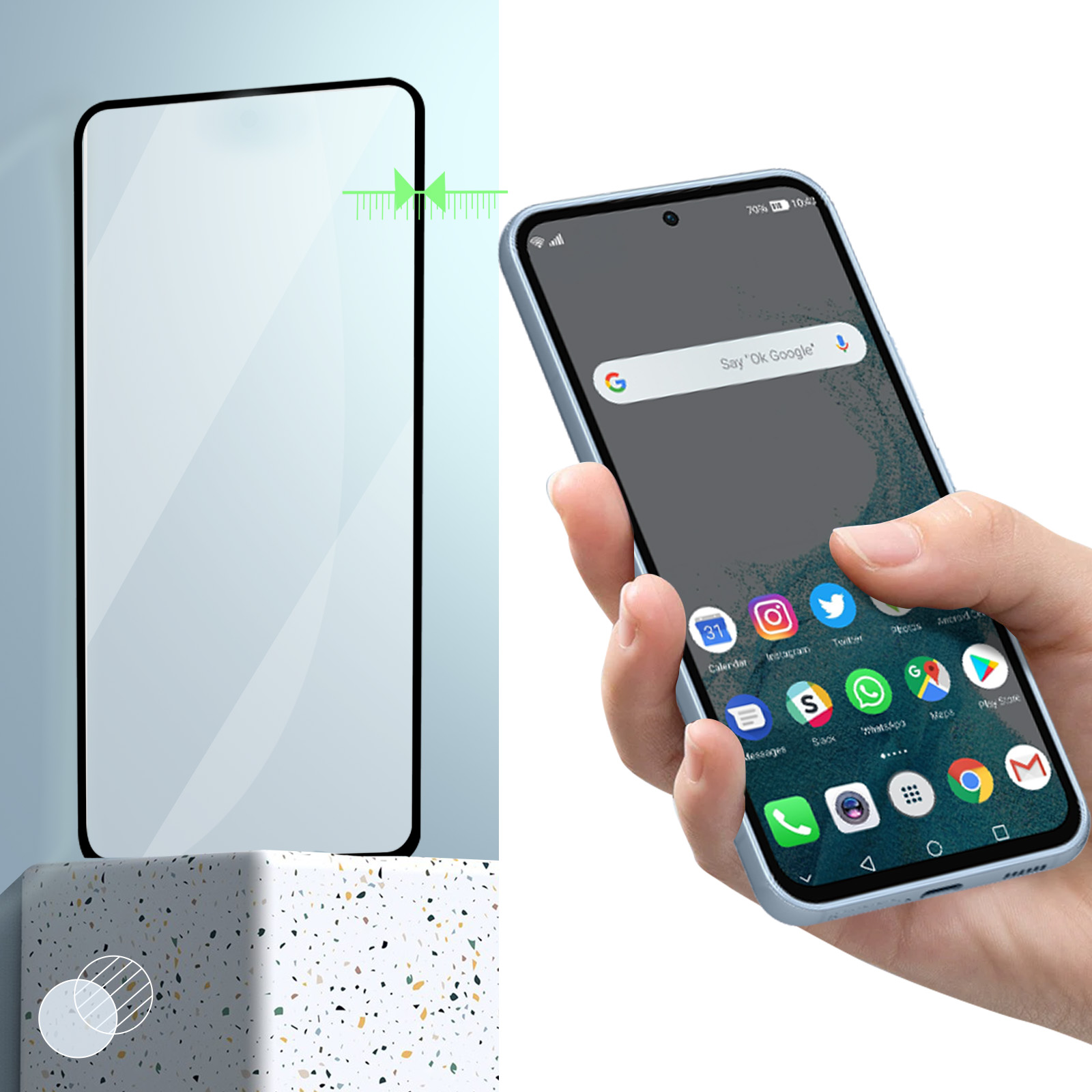 Uno schermo del telefono con un proteggi schermo in applicazione. Il telefono mostra una barra di ricerca di Google. Lo sfondo è sfocato.