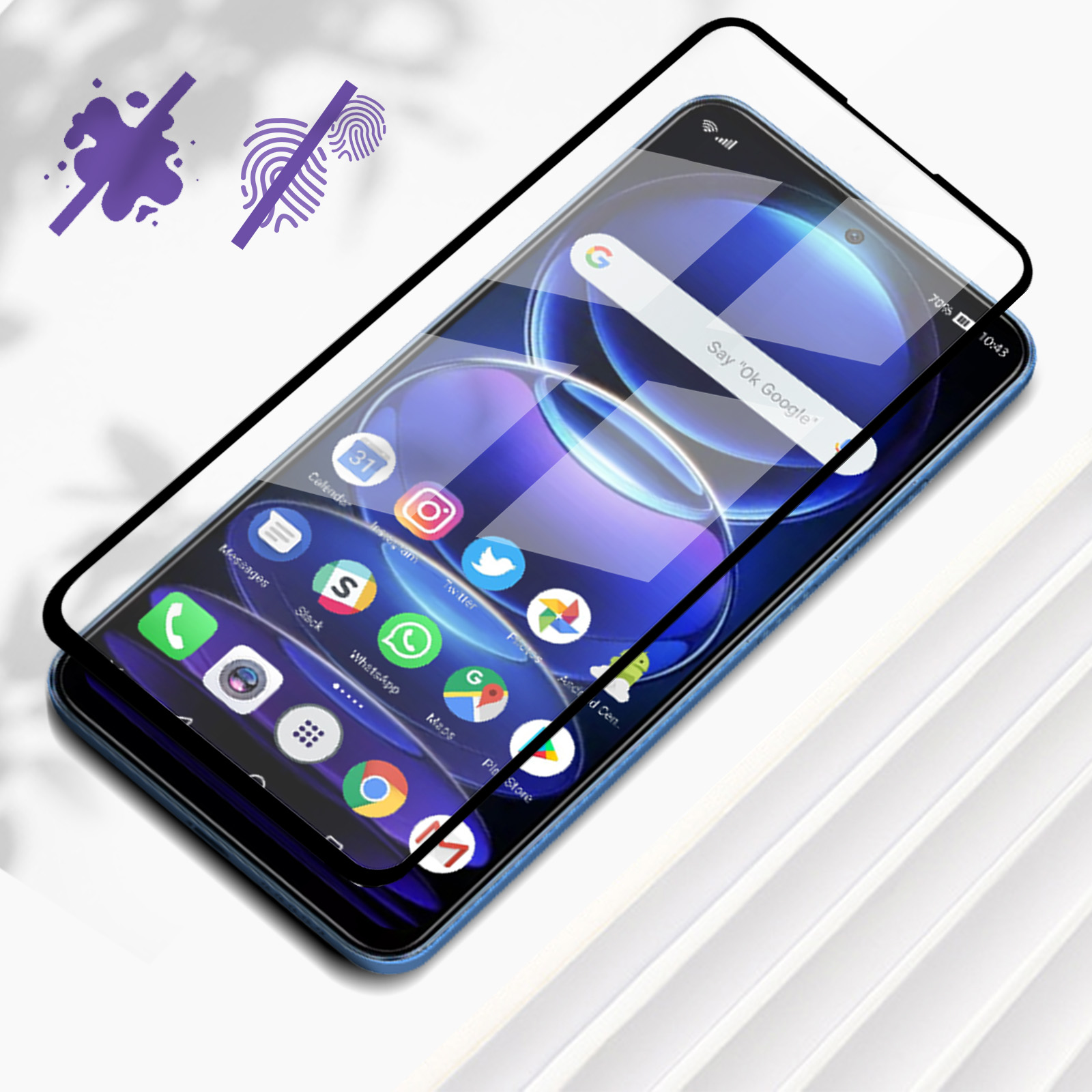 Un téléphone avec un protecteur d'écran appliqué, avec des icônes visibles. Résistance aux empreintes digitales et aux taches.
