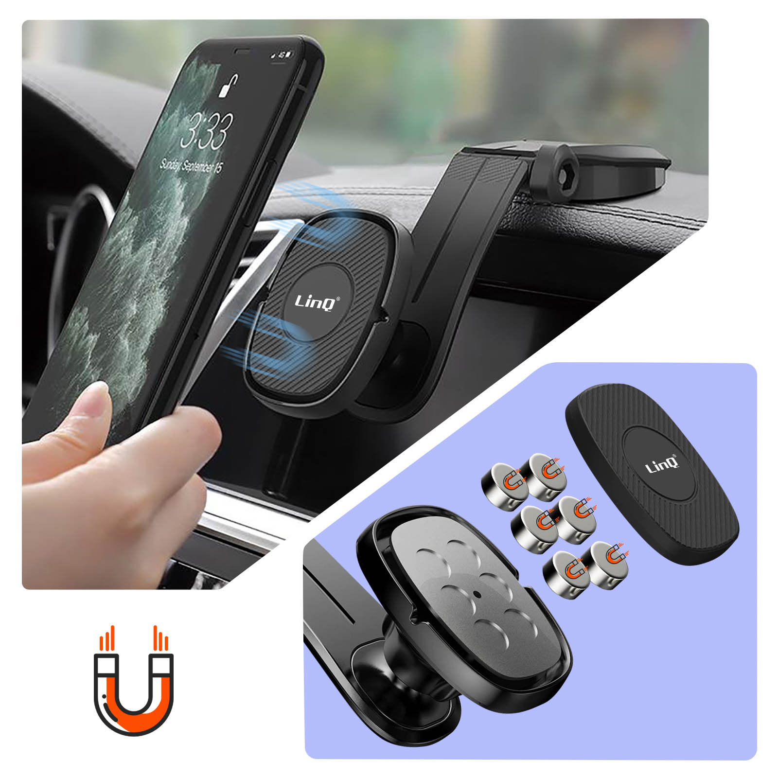 Supporto per telefono da auto con telefono collegato. Magneti e un'illustrazione di un magnete.