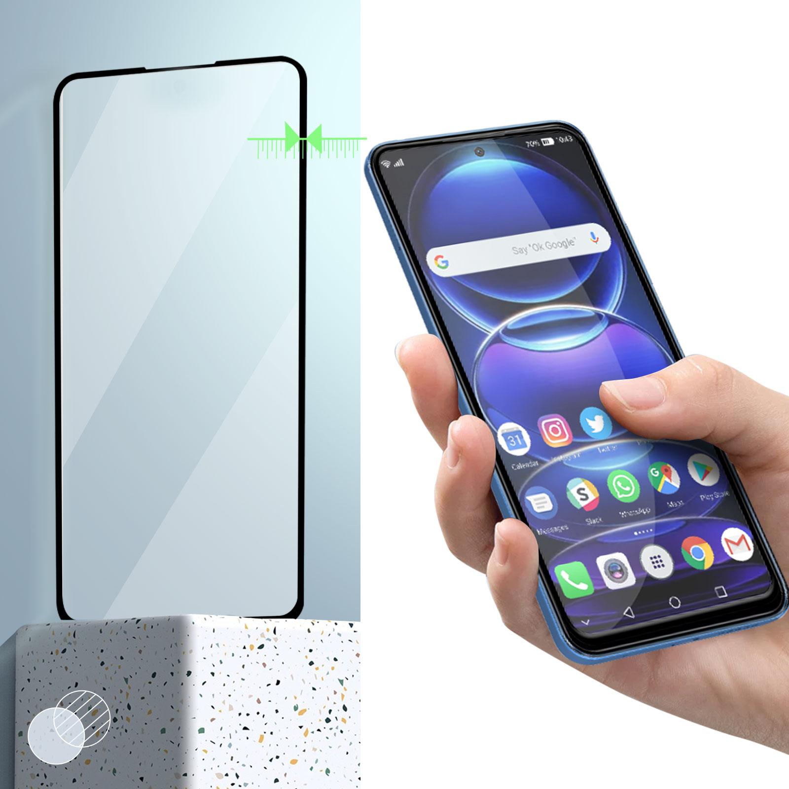 Une main tenant un téléphone bleu, et un protecteur d'écran en verre à côté. L'arrière-plan a des icônes.