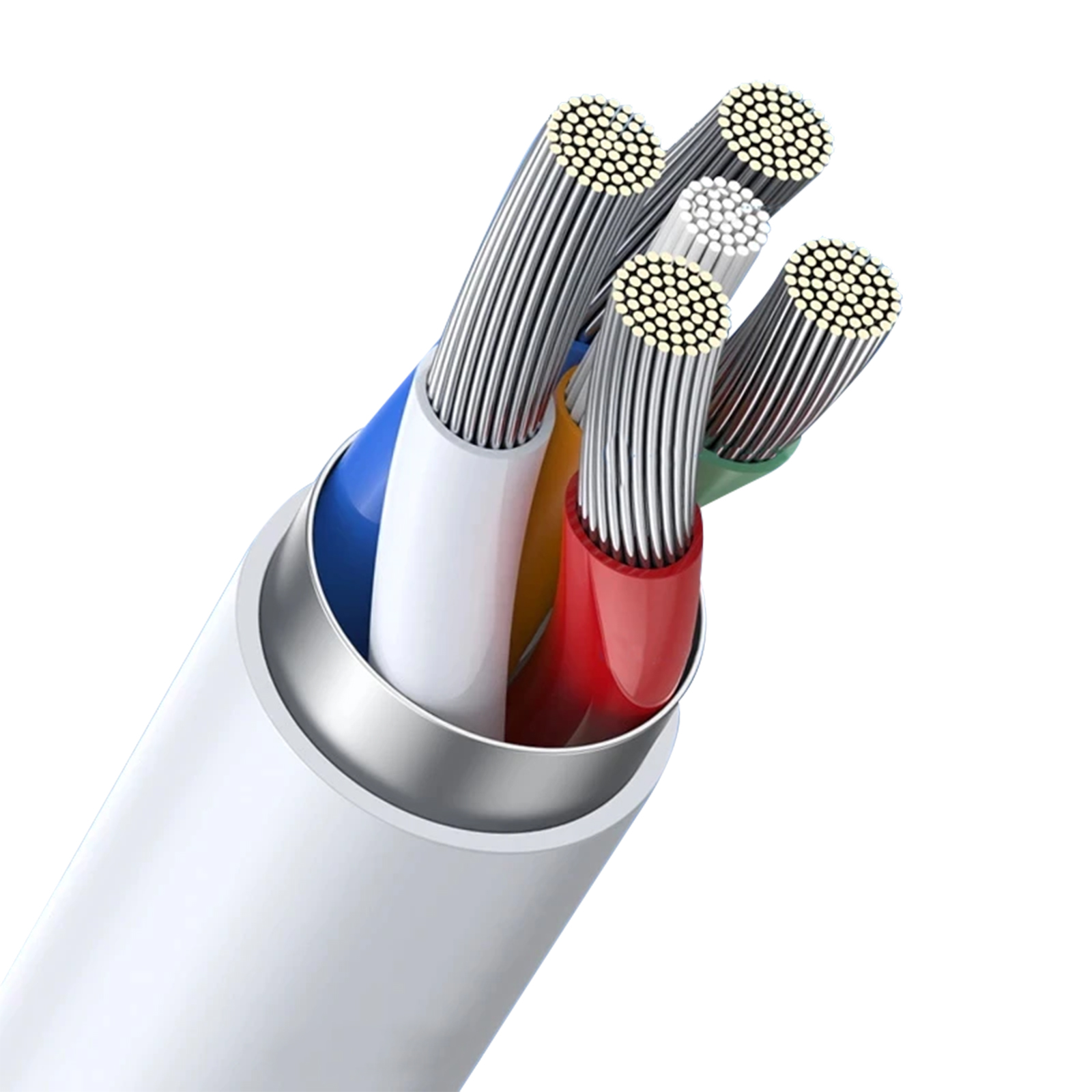 Nahaufnahme eines Kabels mit freiliegenden Drähten in verschiedenen Farben. Drähte sind silber, blau, gelb, rot und grün.