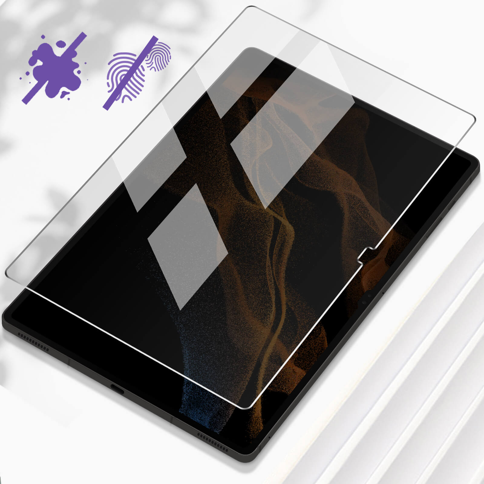 Tableta con protector de pantalla, con un salpicón púrpura e iconos de huellas dactilares.