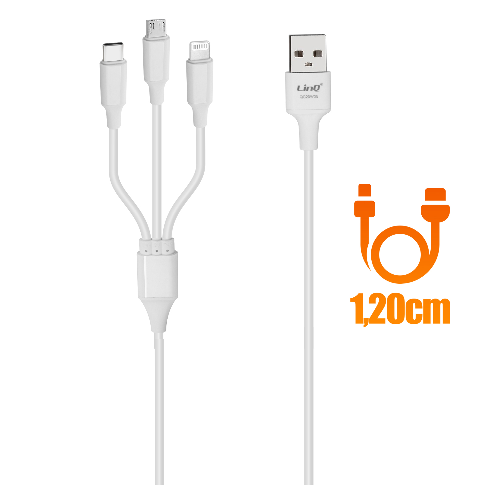 Weißes Ladekabel mit mehreren Anschlüssen und dem Text '1,20 cm'.