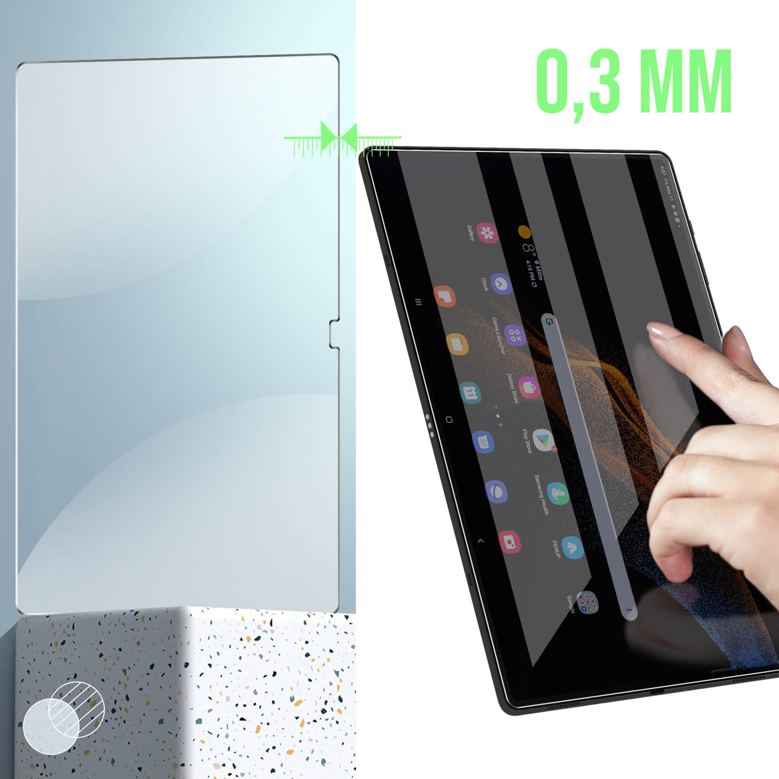 Un protector de pantalla para tableta se aplica a una tableta. El protector es transparente, mostrando la pantalla.