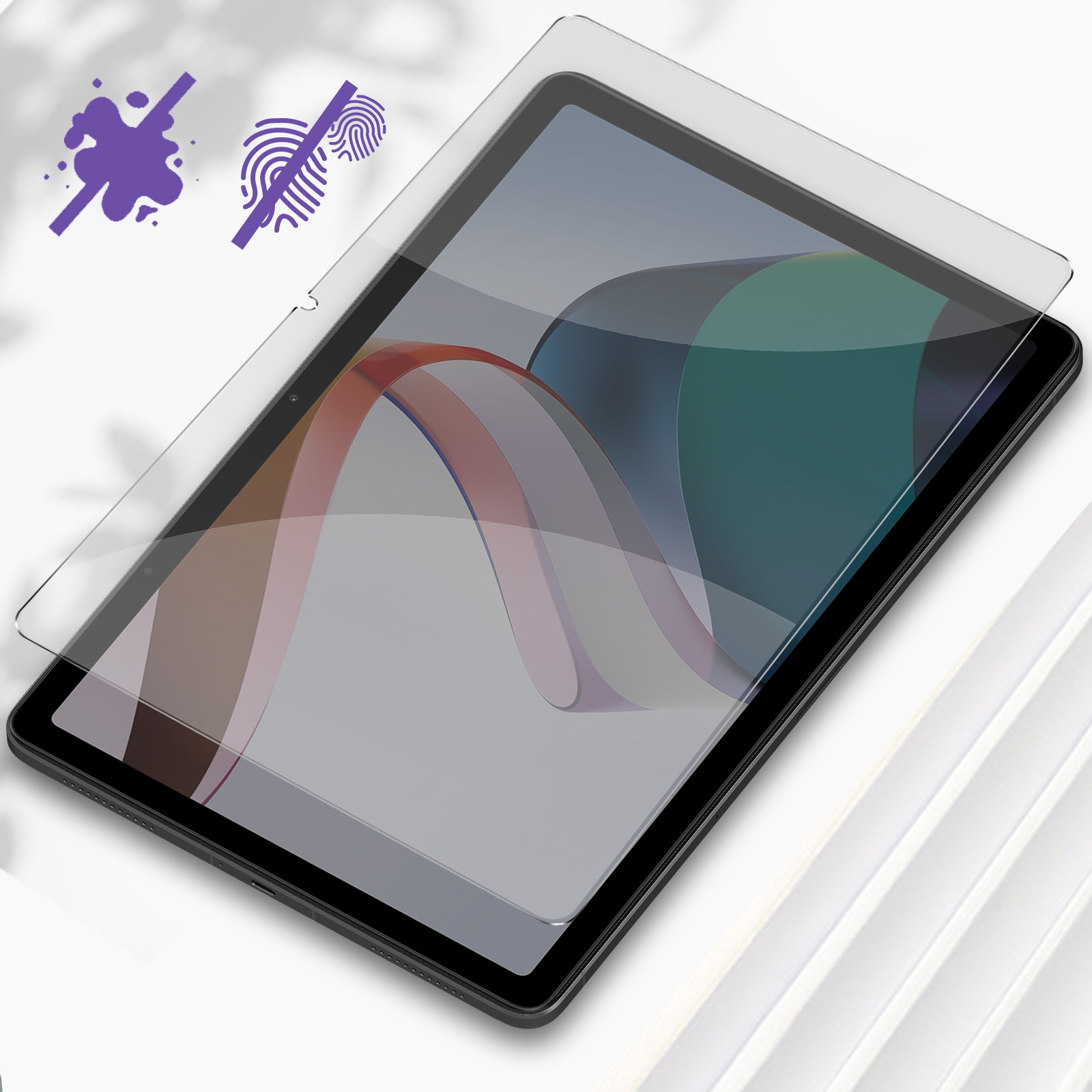 Un tablet con una protezione per lo schermo sopra. Due icone sono visibili nell'angolo in alto a sinistra.