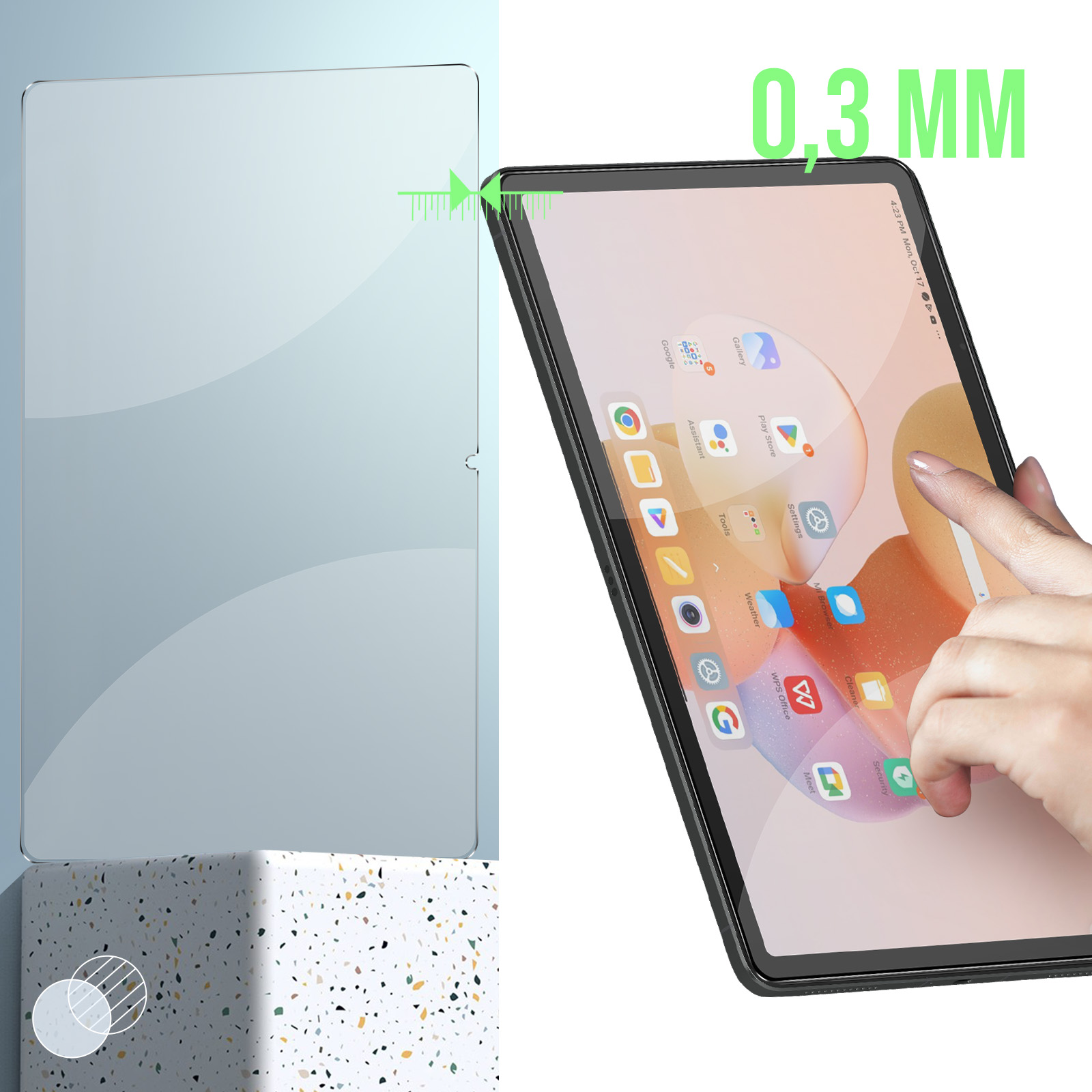 Uno schermo del tablet con una protezione per lo schermo trasparente, che mostra le app e una mano lo sta toccando.