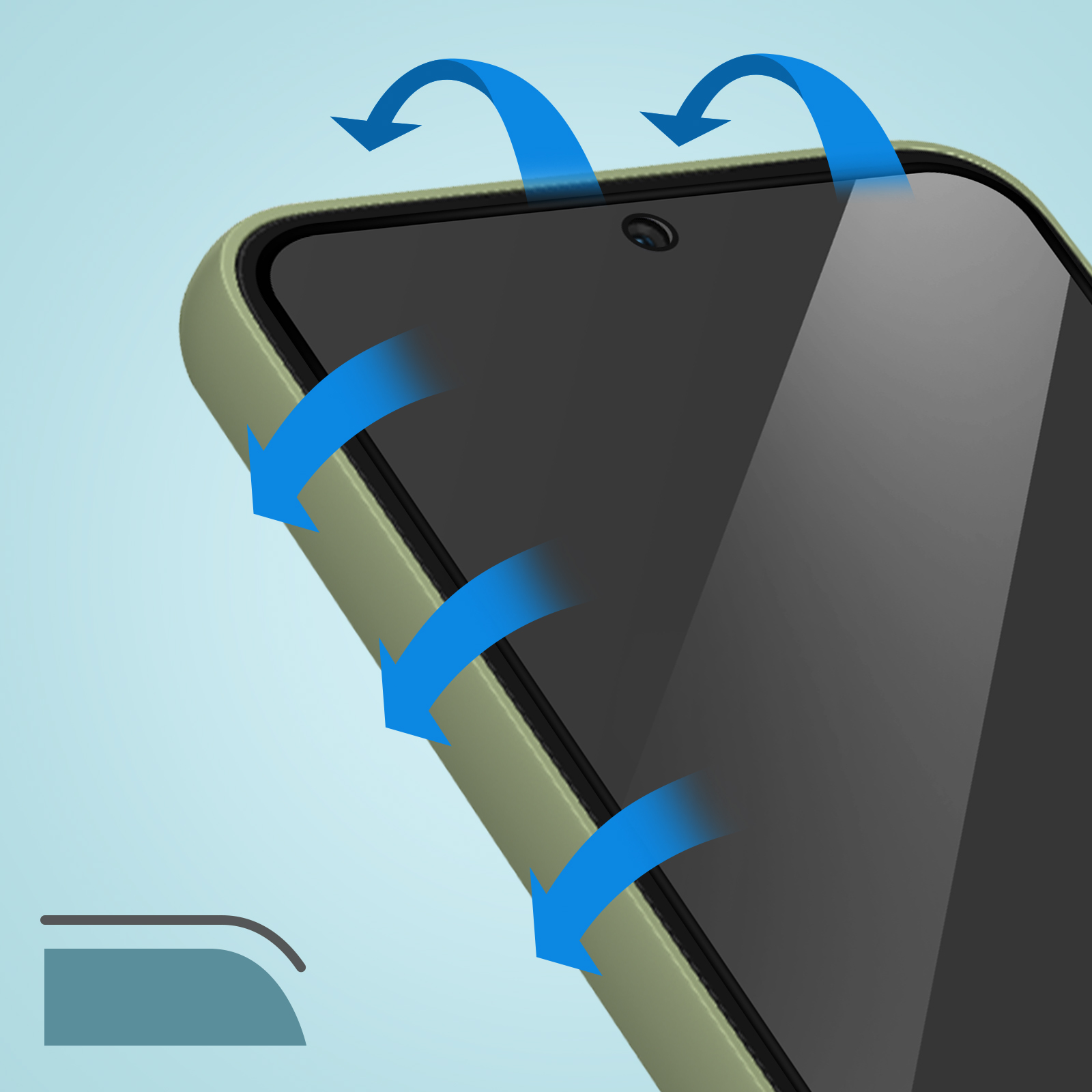 Un écran de téléphone avec des flèches indiquant le flux d'air. Le téléphone est dans un étui vert clair.