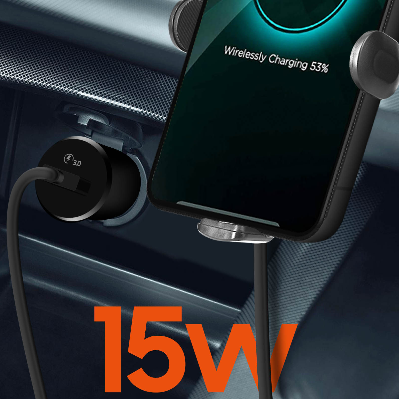 Un telefono viene caricato in auto. Il caricabatterie è un USB 3.0 nero.