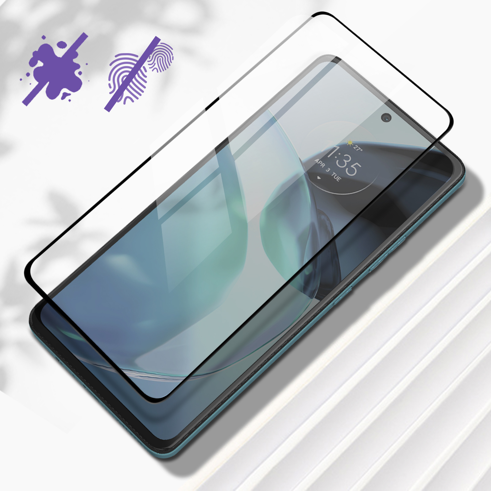 Una protezione per lo schermo su un telefono. È trasparente con icone blu di tocco e macchie d'acqua.