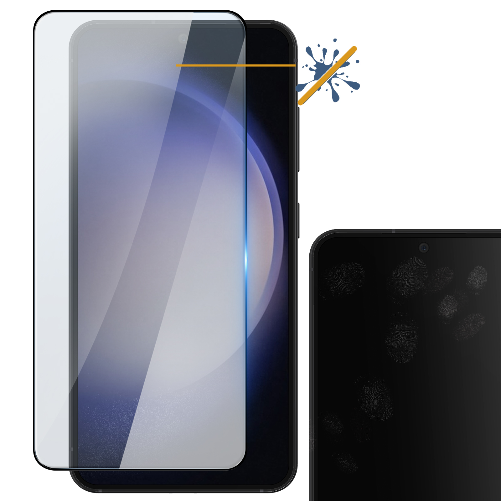 Uno schermo del telefono è protetto da una protezione per lo schermo, con impronte digitali visibili.