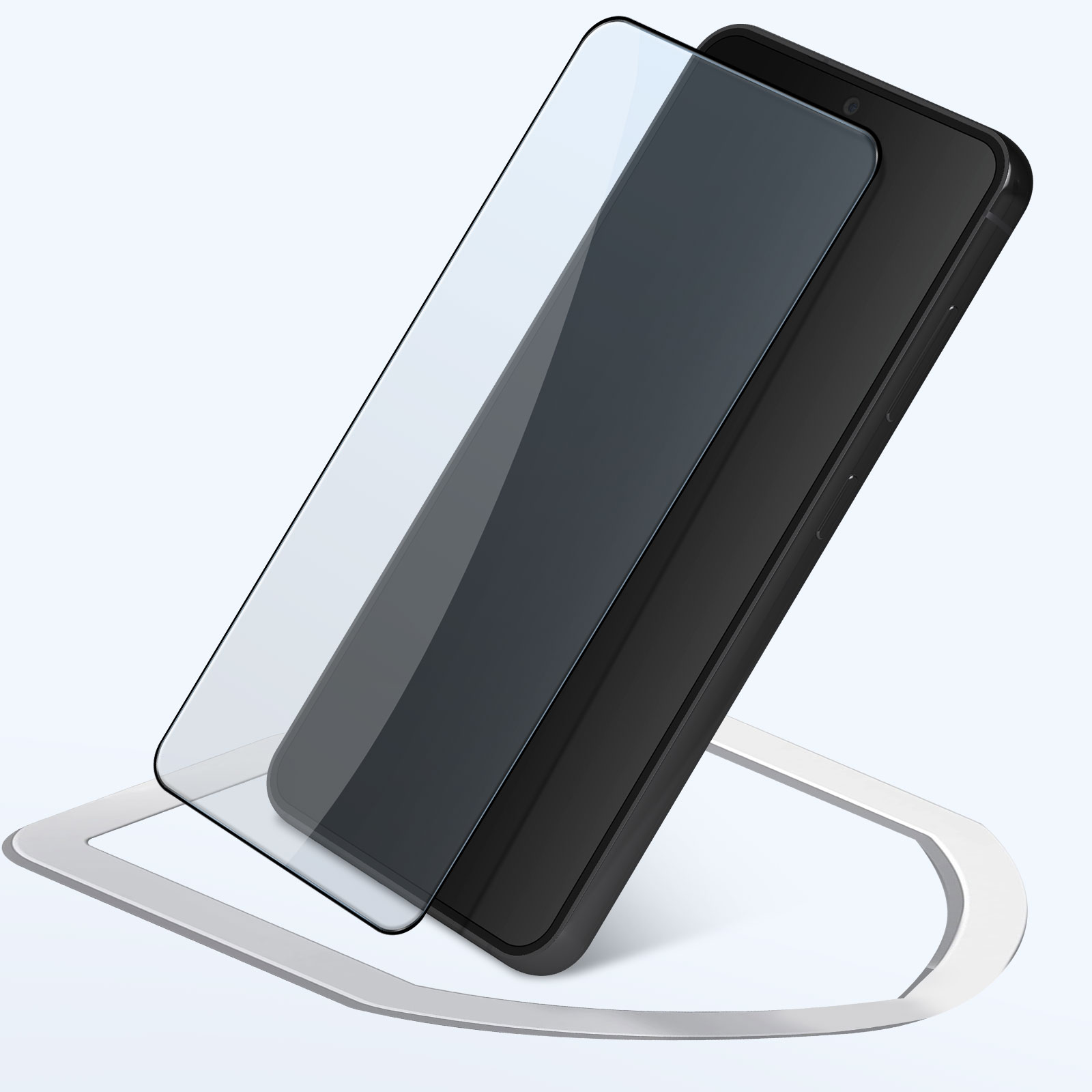 Telefono nero con protezione schermo su un supporto. Sfondo bianco.