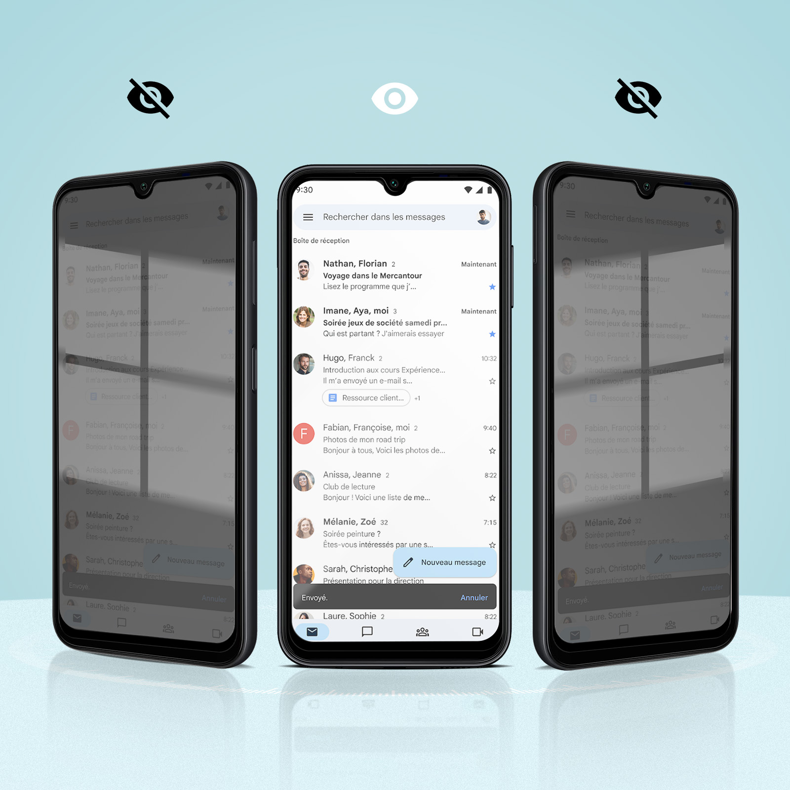 Trois téléphones affichant une application de messagerie avec différents niveaux de confidentialité.