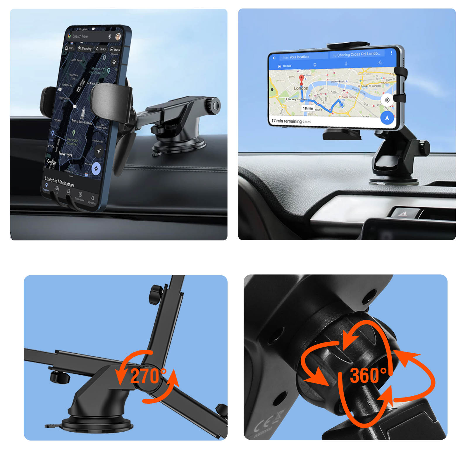 Un supporto per telefono da auto che mostra un telefono con una mappa, con frecce di rotazione a 270 e 360 gradi.
