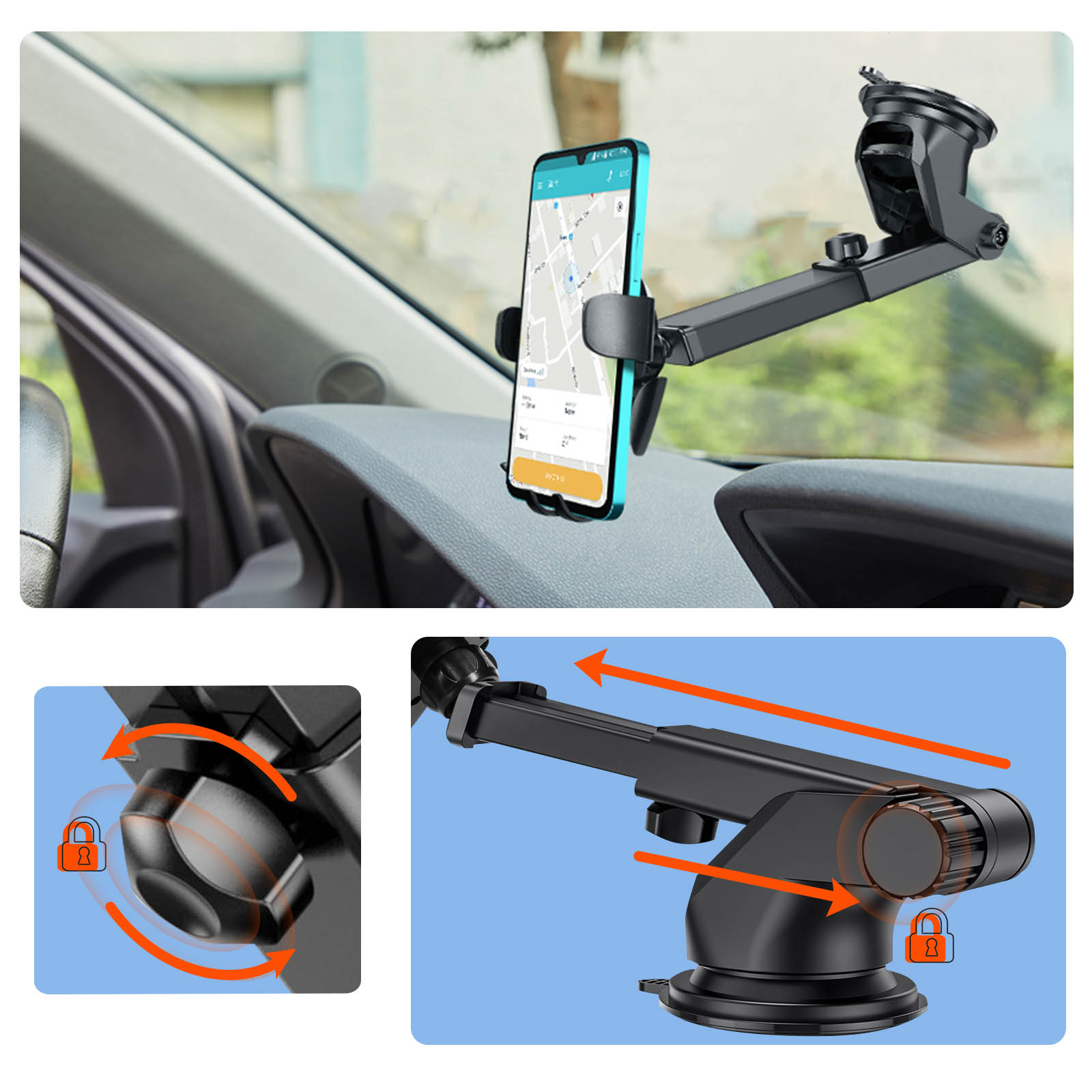 Supporto per telefono da auto con mappa sul telefono. Primo piano delle funzioni di regolazione.