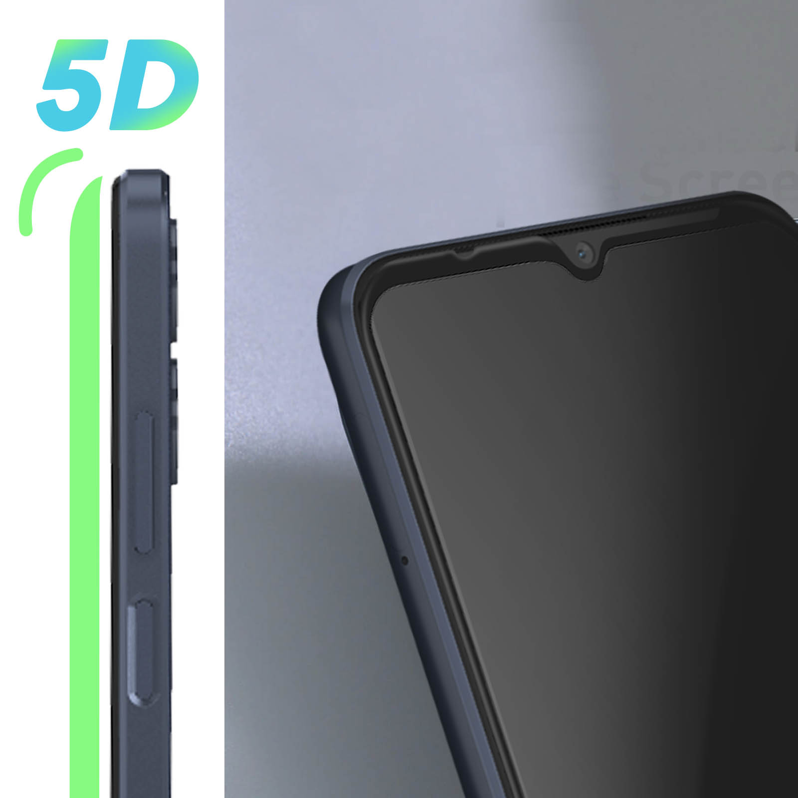 Vista laterale dello schermo del telefono con protezione dei bordi 5D.