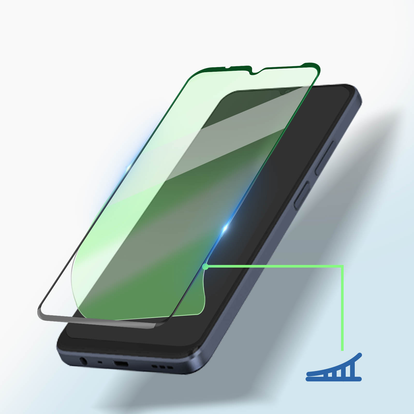 Protezione schermo applicata a uno smartphone, con un diagramma.