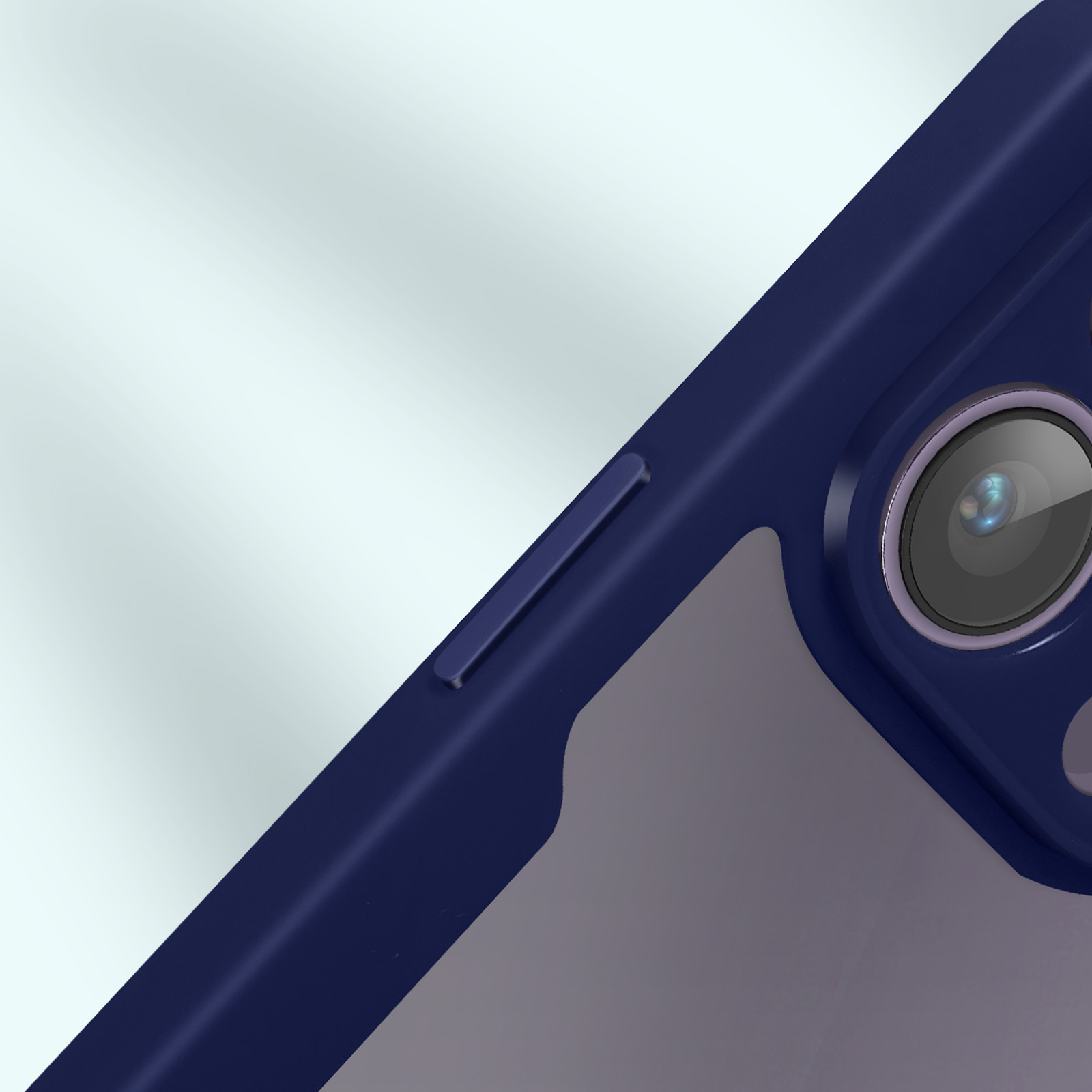 Close-up van een telefooncamera en zijknoppen, blauwe hoes.