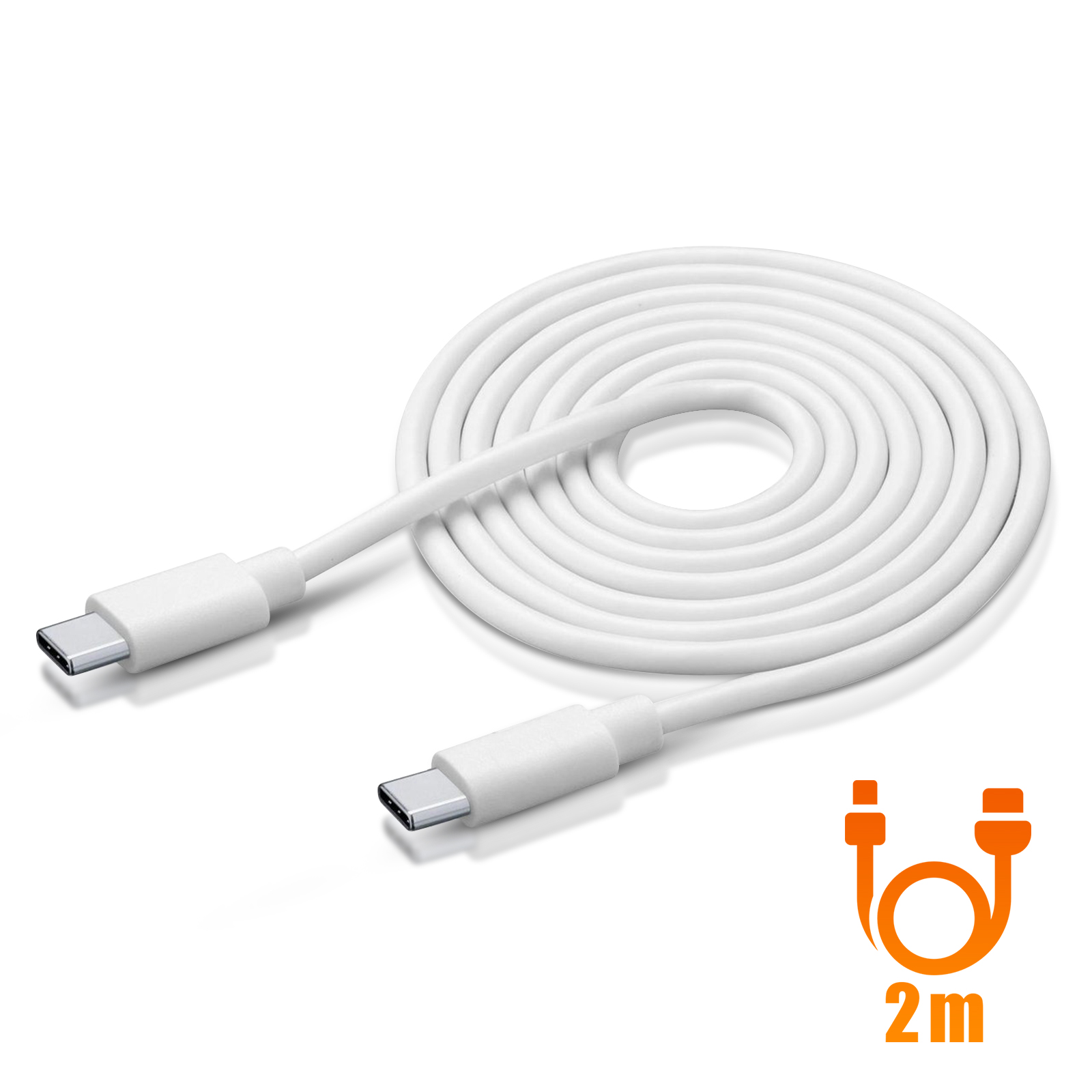 Un cable USB-C blanco, enrollado, con dos conectores, junto a un texto de 2 m y un icono de enchufe.