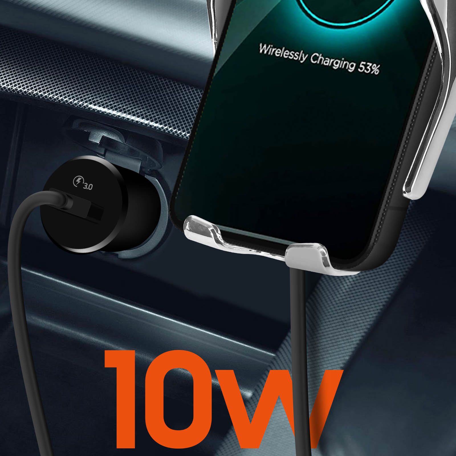 Cargador de coche con carga inalámbrica del teléfono. Texto: 10W.