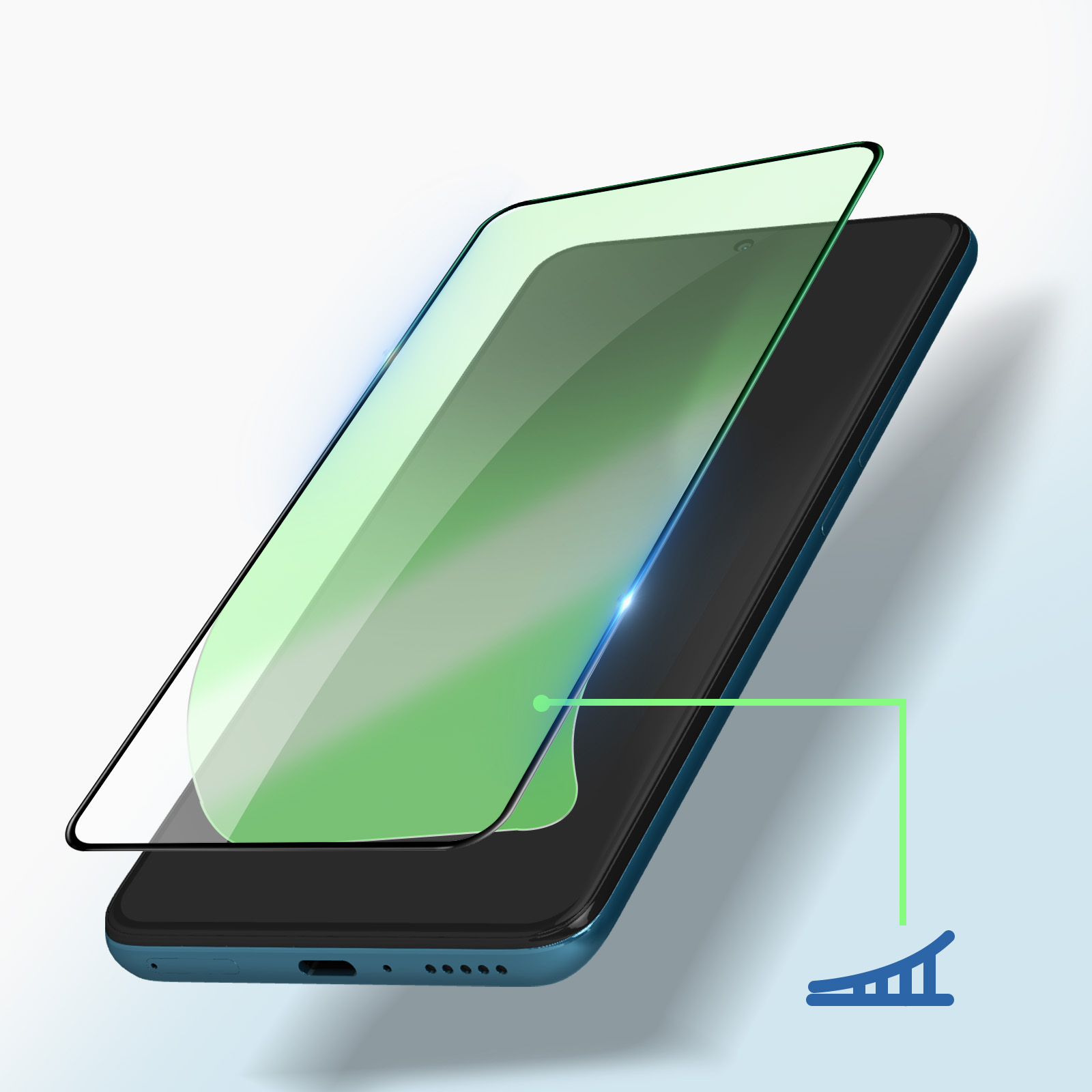Telefono con protezione schermo applicata. La linea verde mostra l'intensità del segnale.