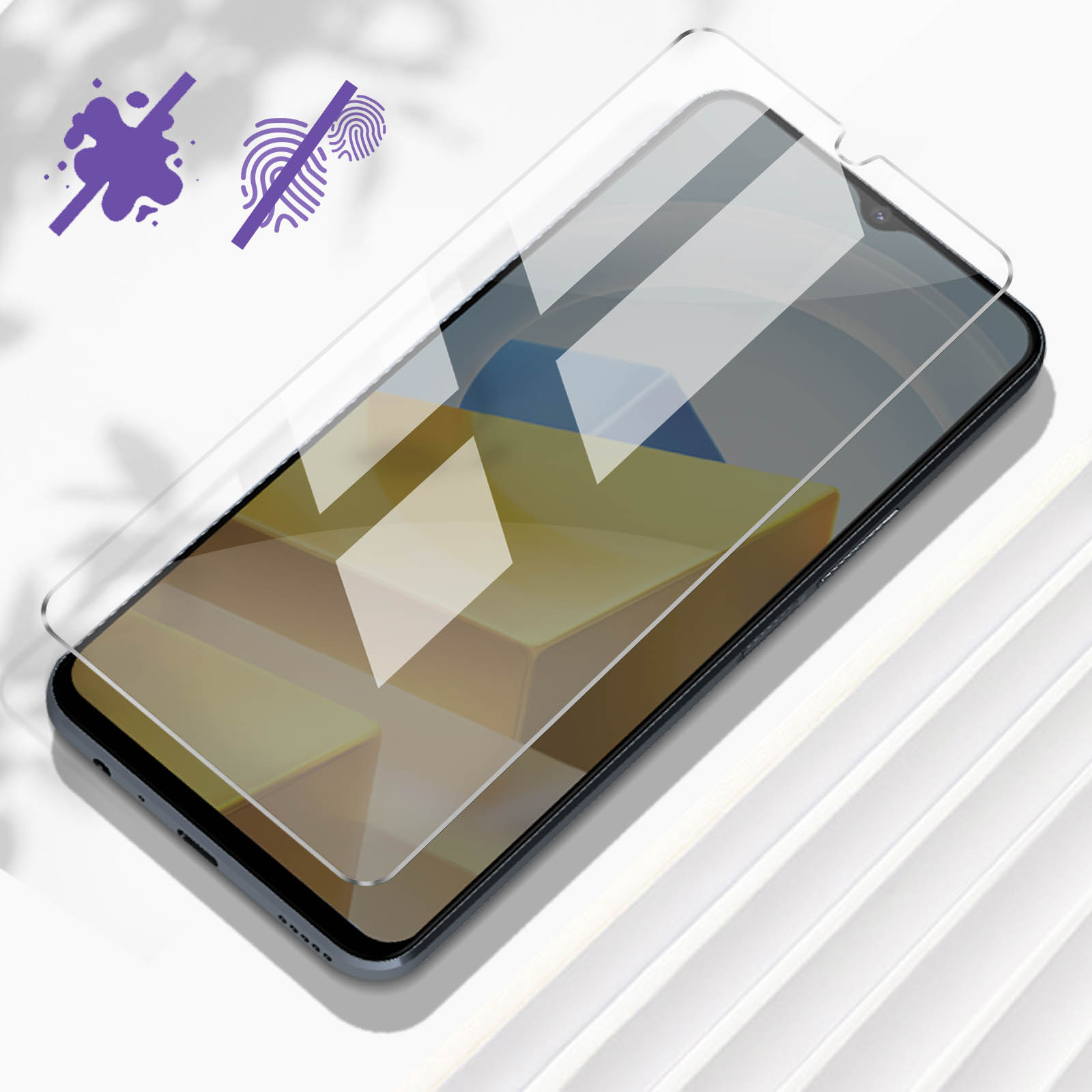 Smartphone nero con protezione schermo. Icone anti-impronta. Lo sfondo è un motivo strutturato.